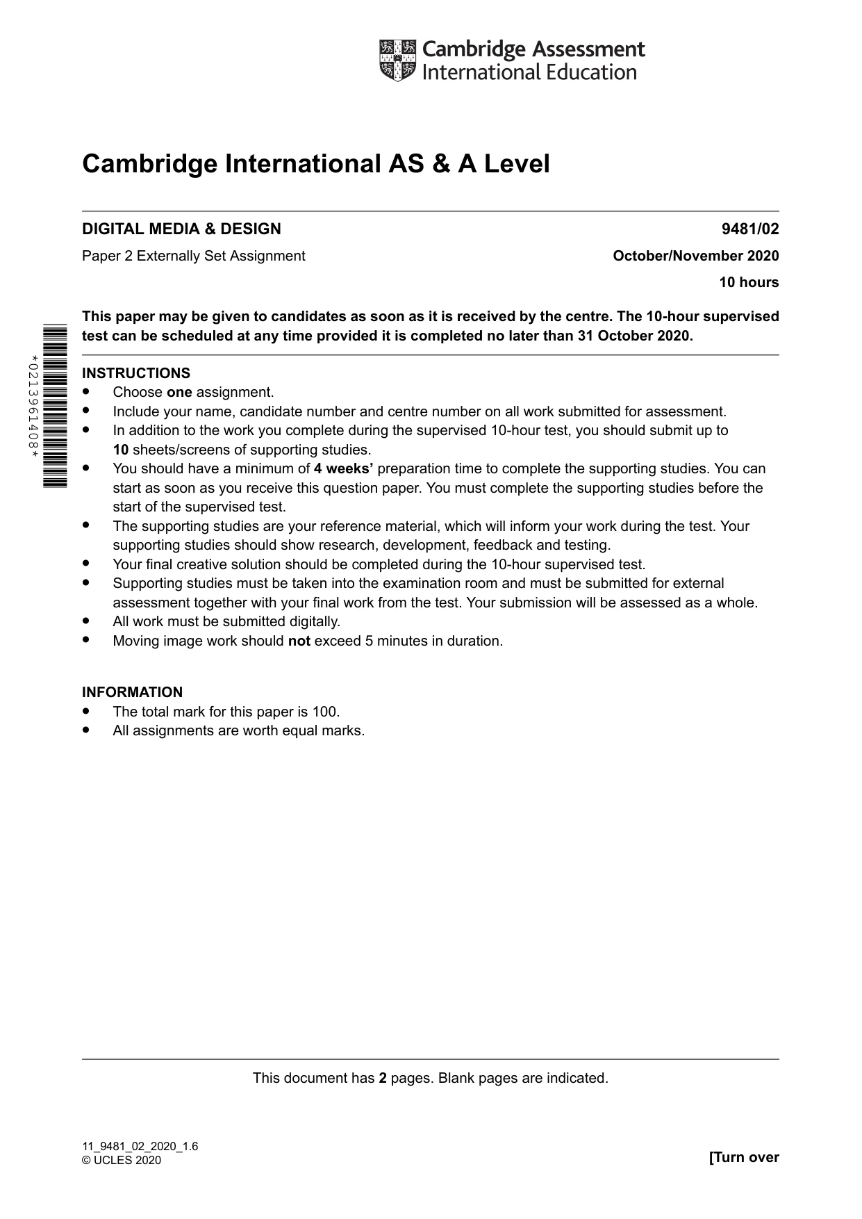 Cambridge A Level Digital Media and Design 9481 2020 Oct/Nov Paper 2 · Variant 0 question paper, page 1 of 2