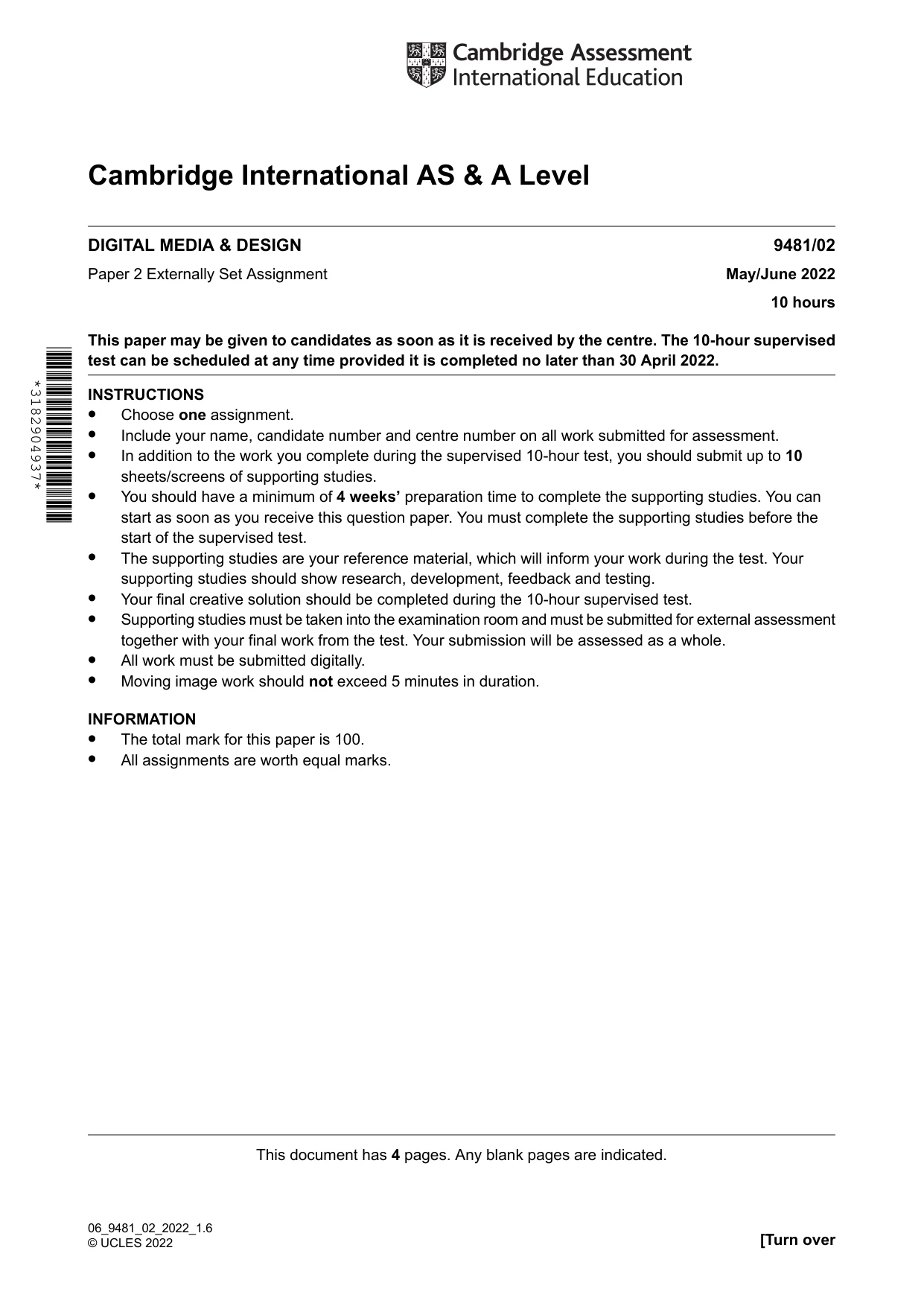 Cambridge A Level Digital Media and Design 9481 2022 May/June Paper 2 · Variant 0 question paper, page 1 of 4