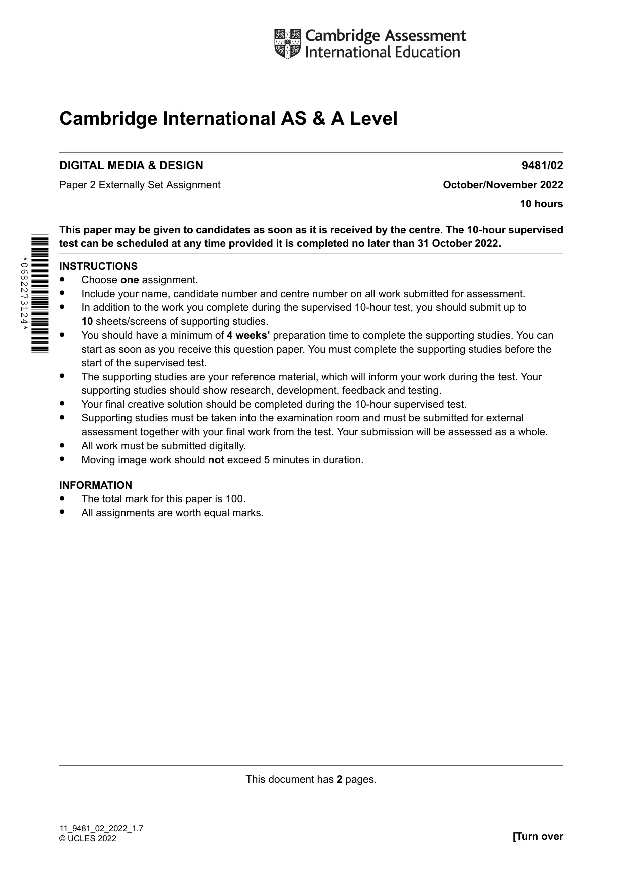 Cambridge A Level Digital Media and Design 9481 2022 Oct/Nov Paper 2 · Variant 0 question paper, page 1 of 2