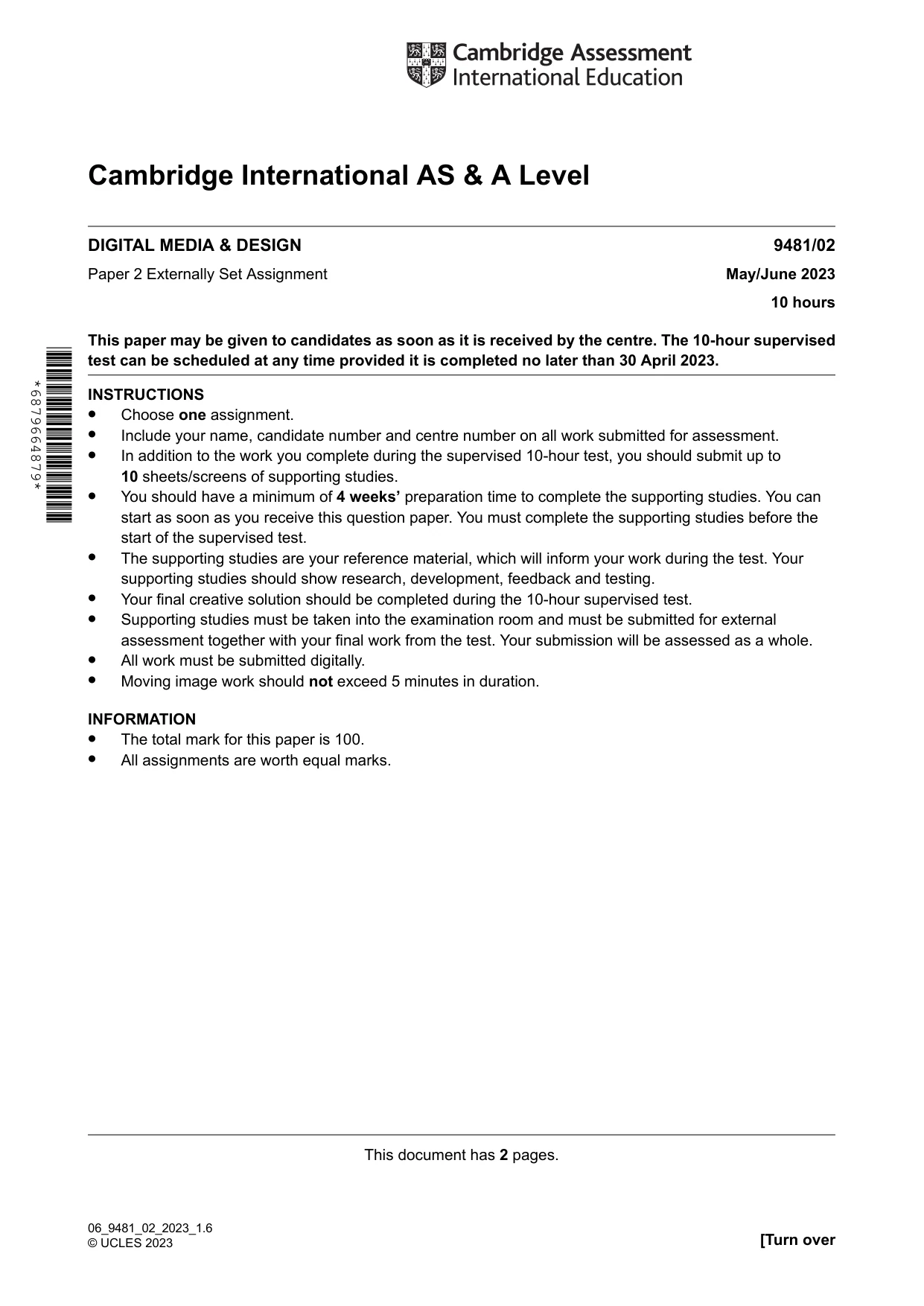 Cambridge A Level Digital Media and Design 9481 2023 May/June Paper 2 · Variant 0 question paper, page 1 of 2