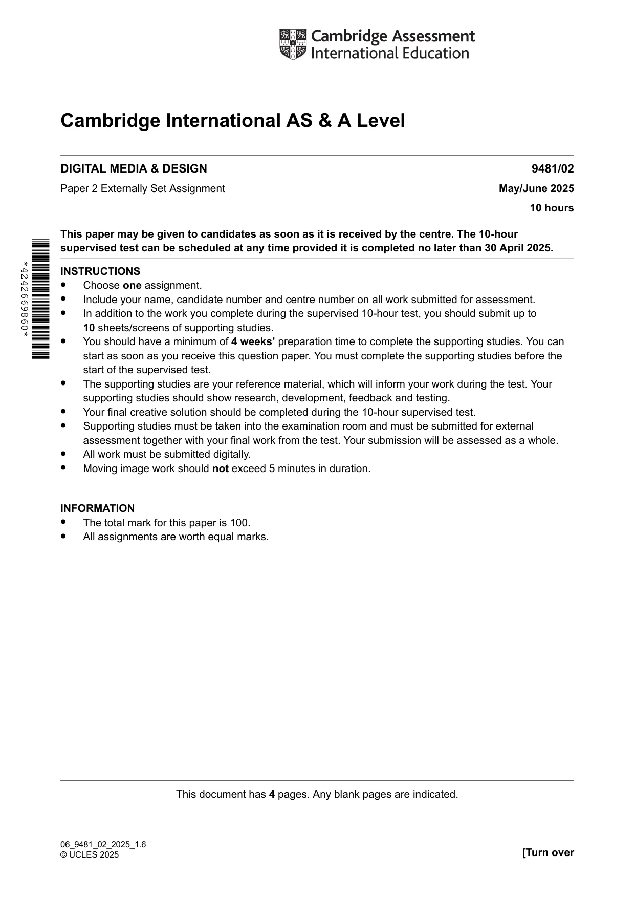 Cambridge A Level Digital Media and Design 9481 2025 May/June Paper 2 · Variant 0 question paper, page 1 of 4
