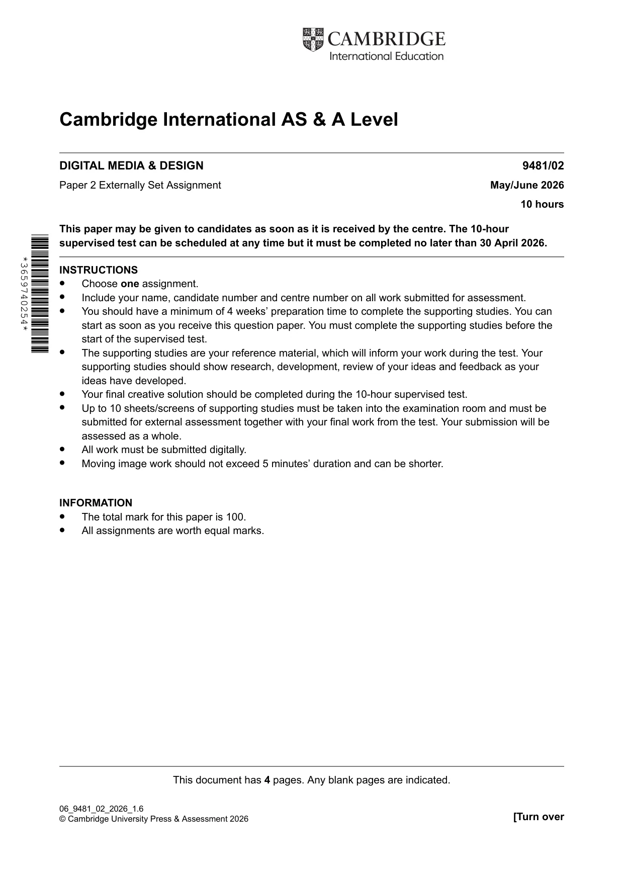 Cambridge A Level Digital Media and Design 9481 2026 May/June Paper 2 · Variant 0 question paper, page 1 of 4
