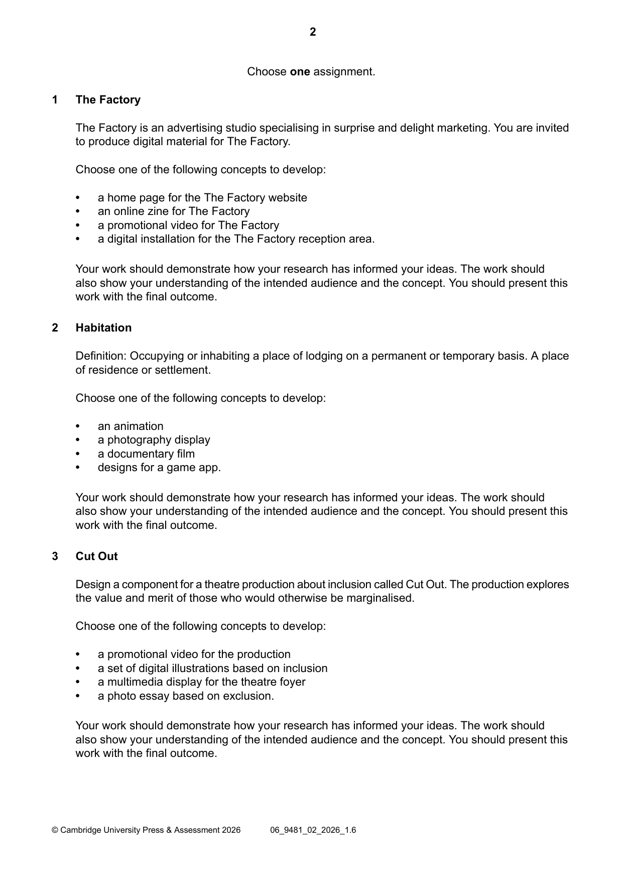 Cambridge A Level Digital Media and Design 9481 2026 May/June Paper 2 · Variant 0 question paper, page 2 of 4