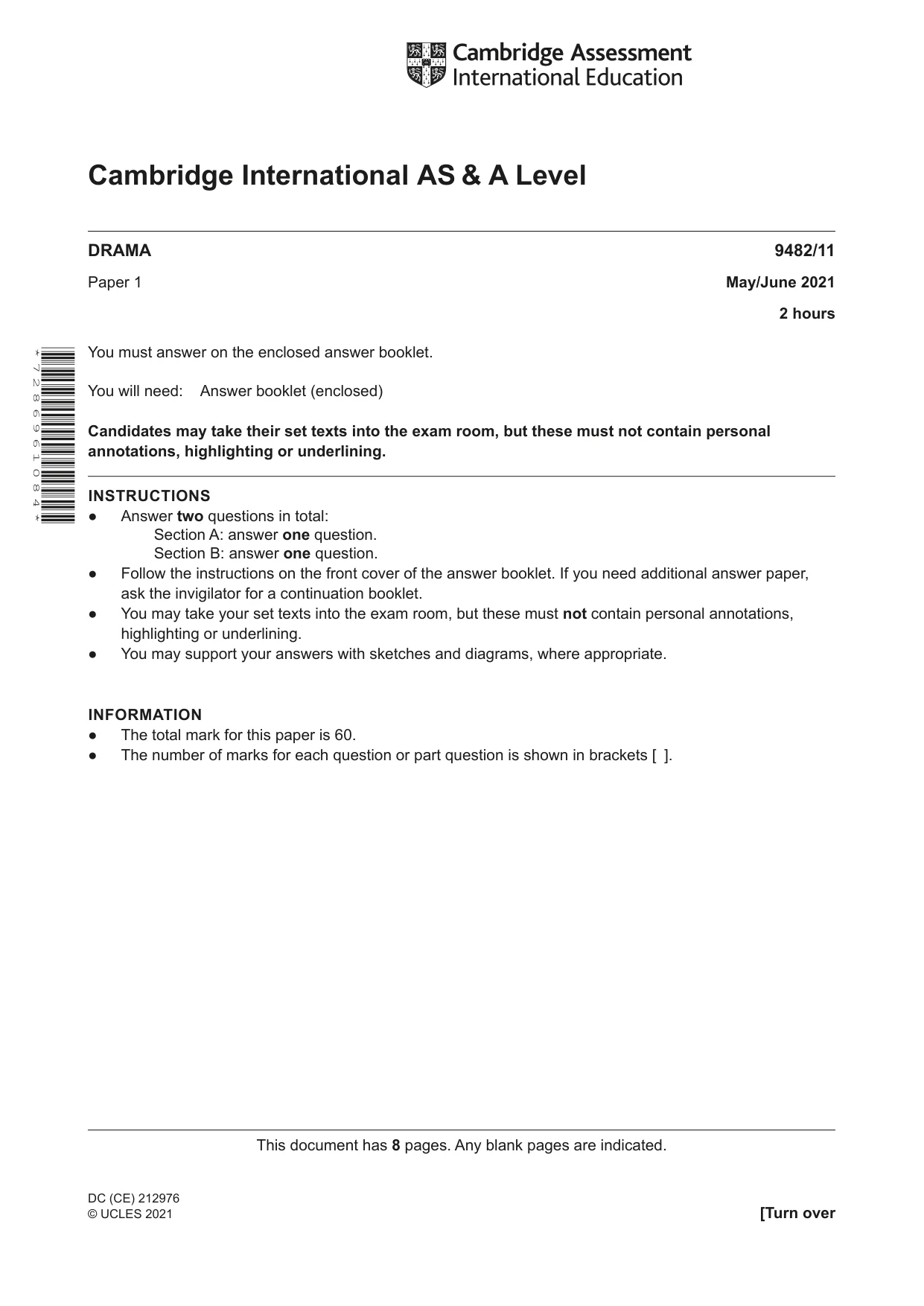 Cambridge A Level Drama 9482 2021 May/June Paper 1 · Variant 1 question paper, page 1 of 8