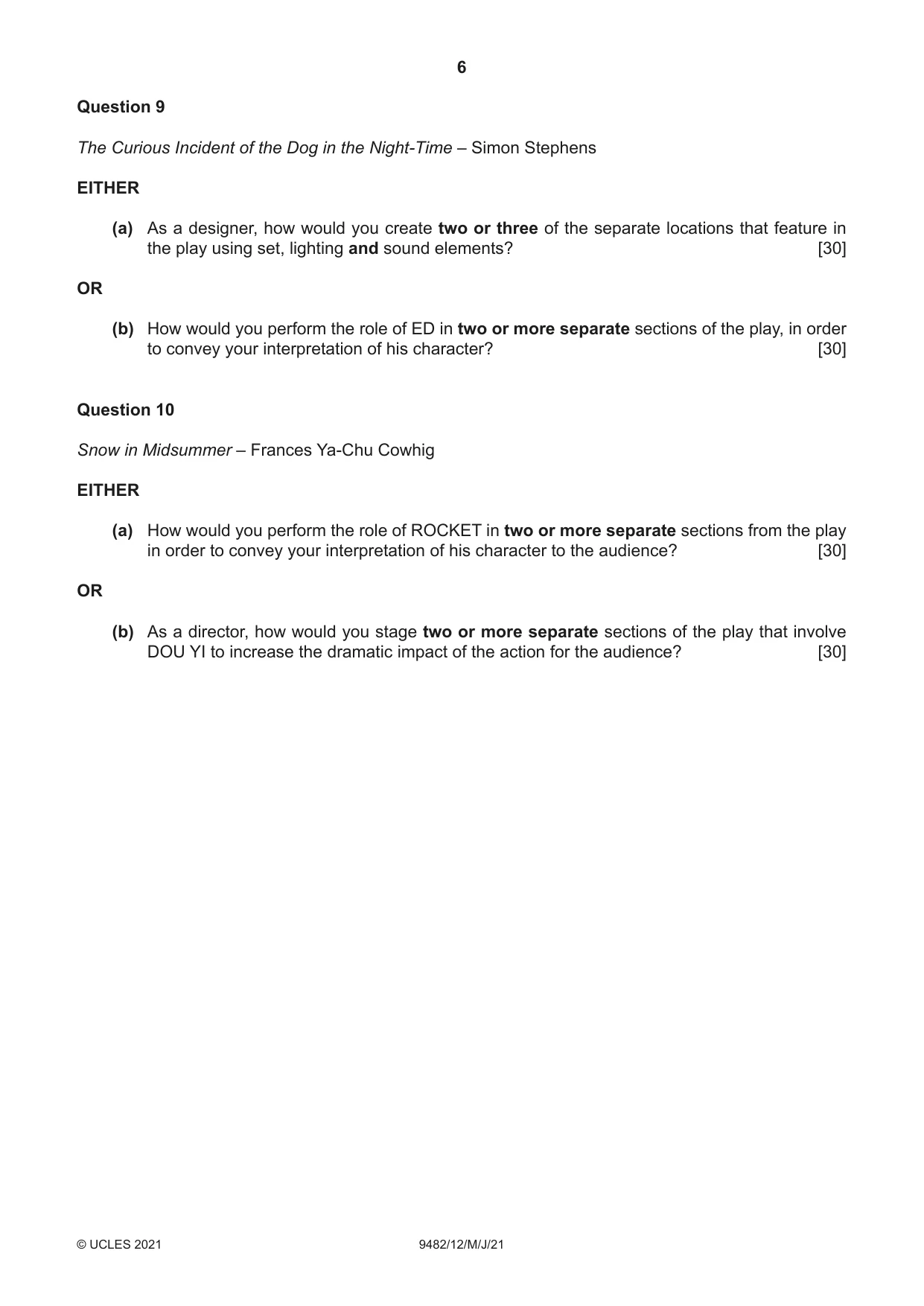 Cambridge A Level Drama 9482 2021 May/June Paper 1 · Variant 2 question paper, page 6 of 8