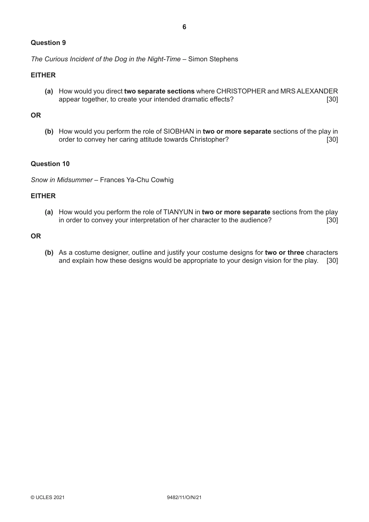 Cambridge A Level Drama 9482 2021 Oct/Nov Paper 1 · Variant 1 question paper, page 6 of 8