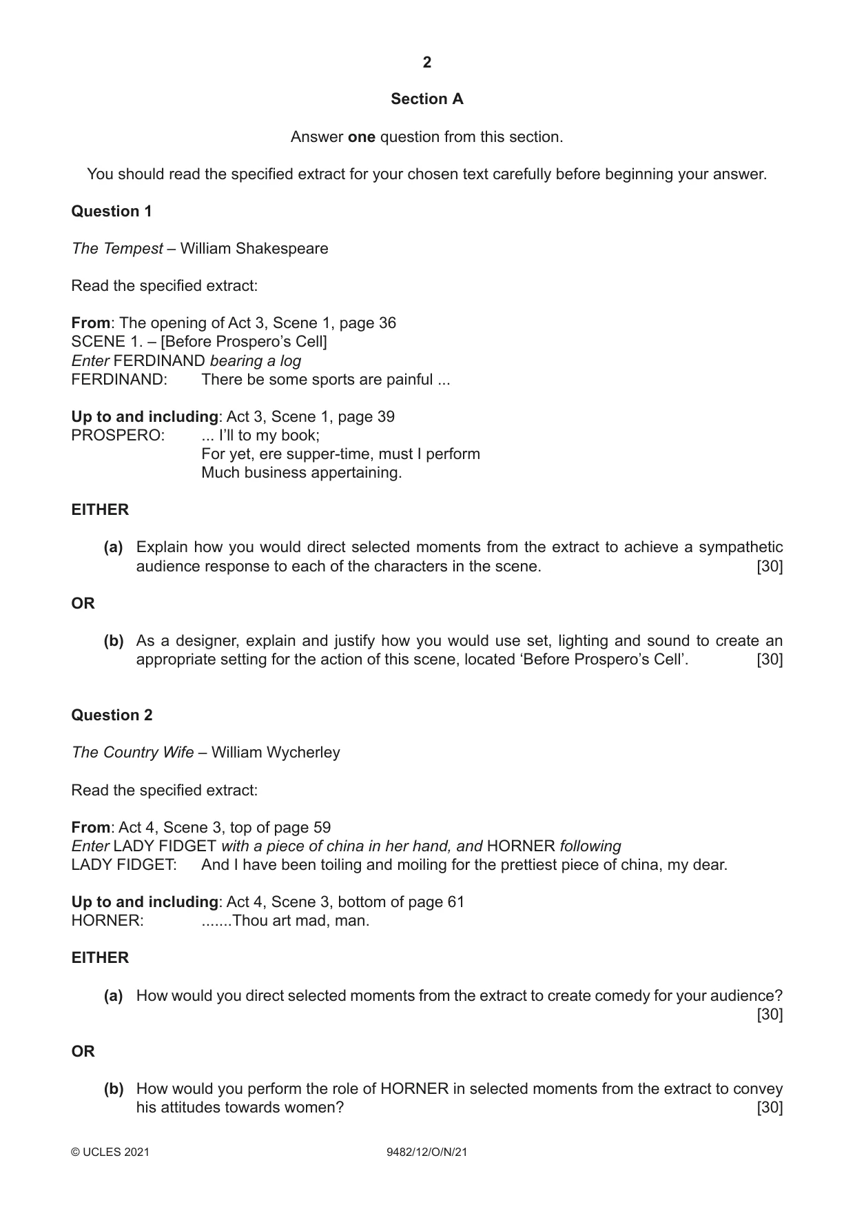 Cambridge A Level Drama 9482 2021 Oct/Nov Paper 1 · Variant 2 question paper, page 2 of 8