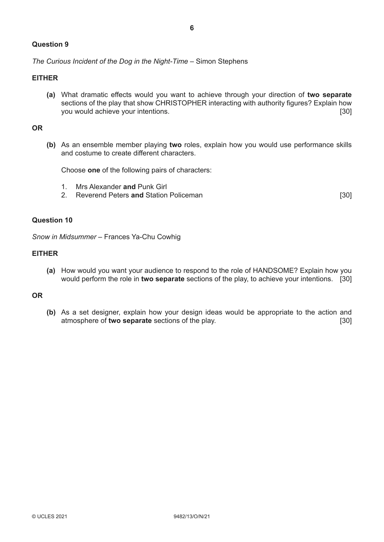 Cambridge A Level Drama 9482 2021 Oct/Nov Paper 1 · Variant 3 question paper, page 6 of 8