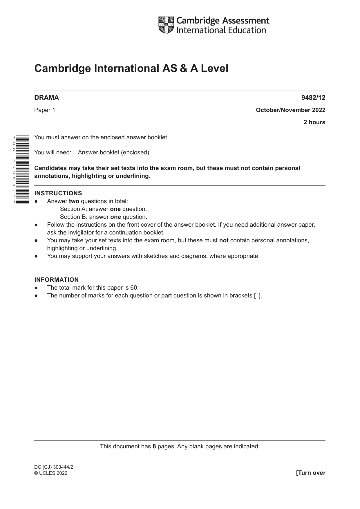 Cambridge A Level Drama 9482 2022 Oct/Nov Paper 1 · Variant 2 question paper, page 1 of 8