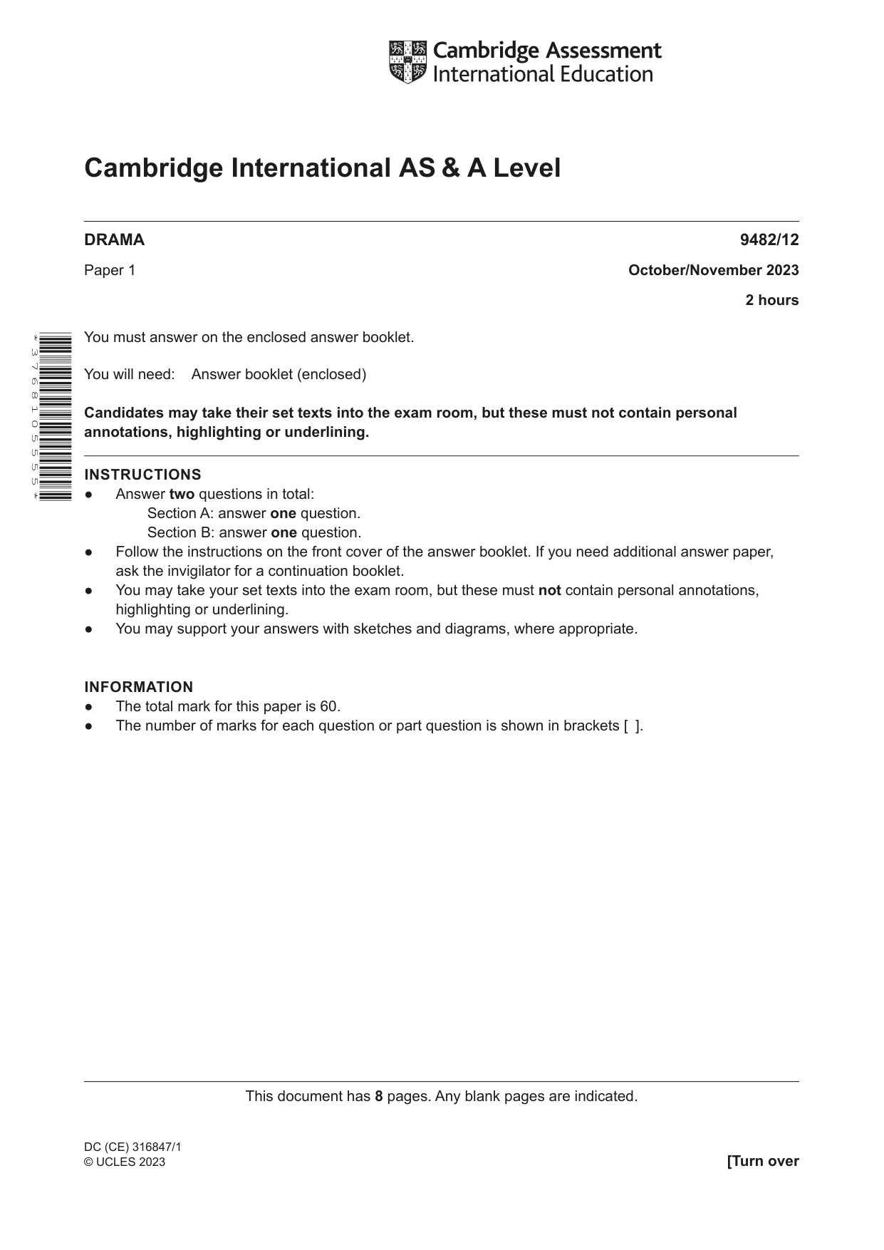 Cambridge A Level Drama 9482 2023 Oct/Nov Paper 1 · Variant 2 question paper, page 1 of 8