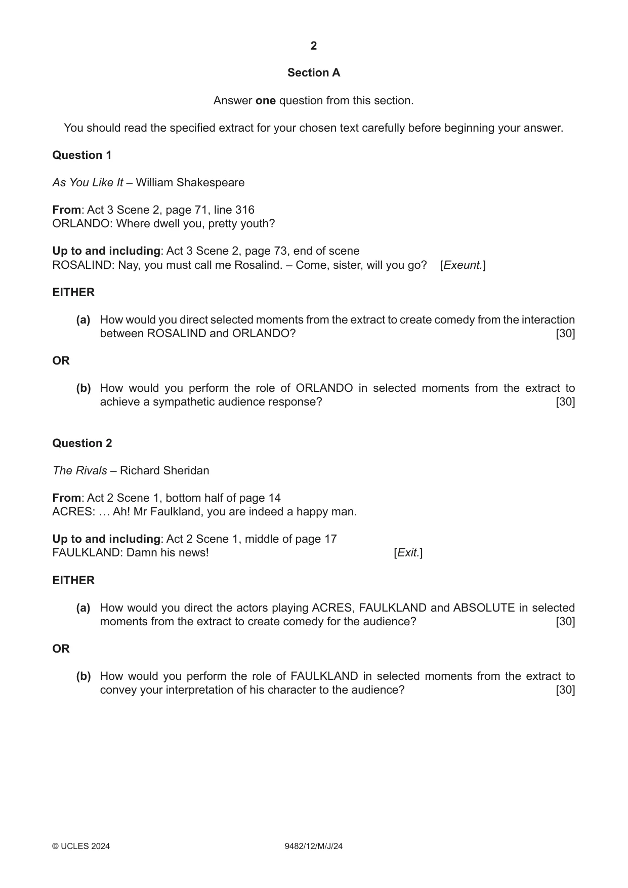 Cambridge A Level Drama 9482 2024 May/June Paper 1 · Variant 2 question paper, page 2 of 8