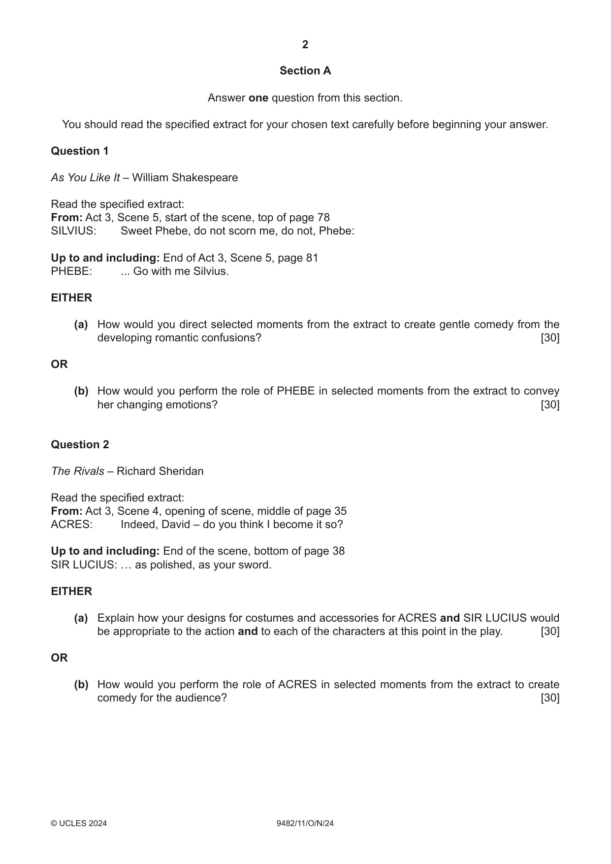 Cambridge A Level Drama 9482 2024 Oct/Nov Paper 1 · Variant 1 question paper, page 2 of 8