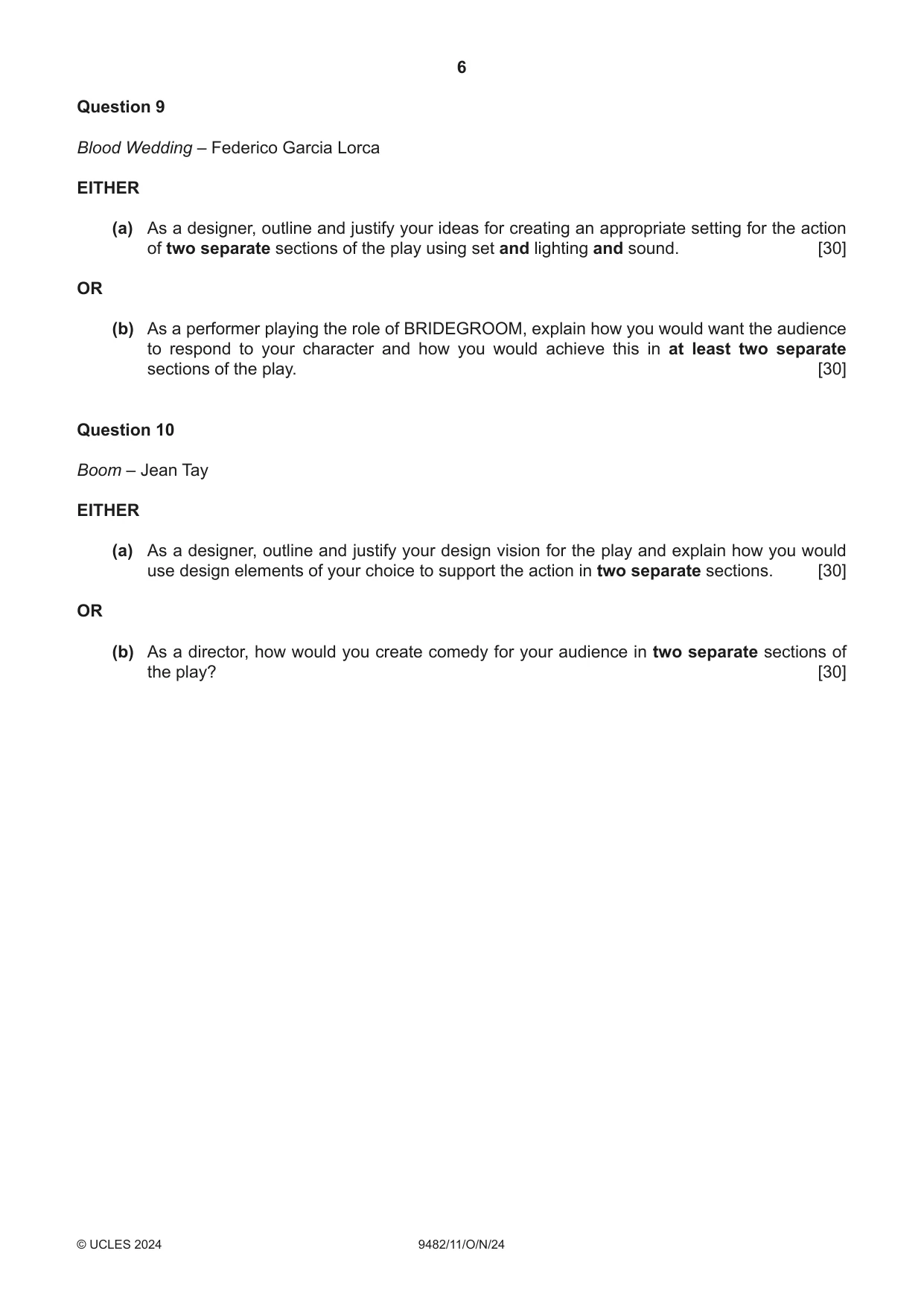 Cambridge A Level Drama 9482 2024 Oct/Nov Paper 1 · Variant 1 question paper, page 6 of 8