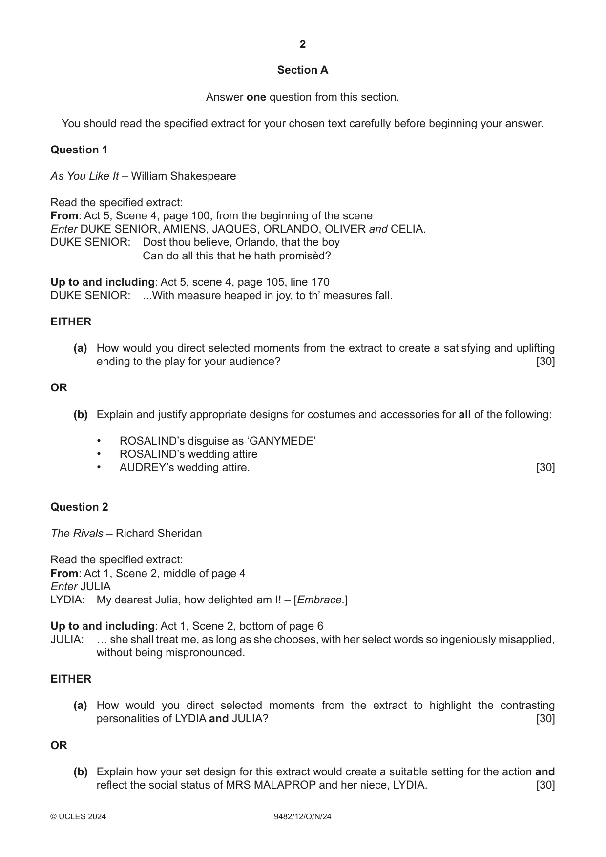 Cambridge A Level Drama 9482 2024 Oct/Nov Paper 1 · Variant 2 question paper, page 2 of 8