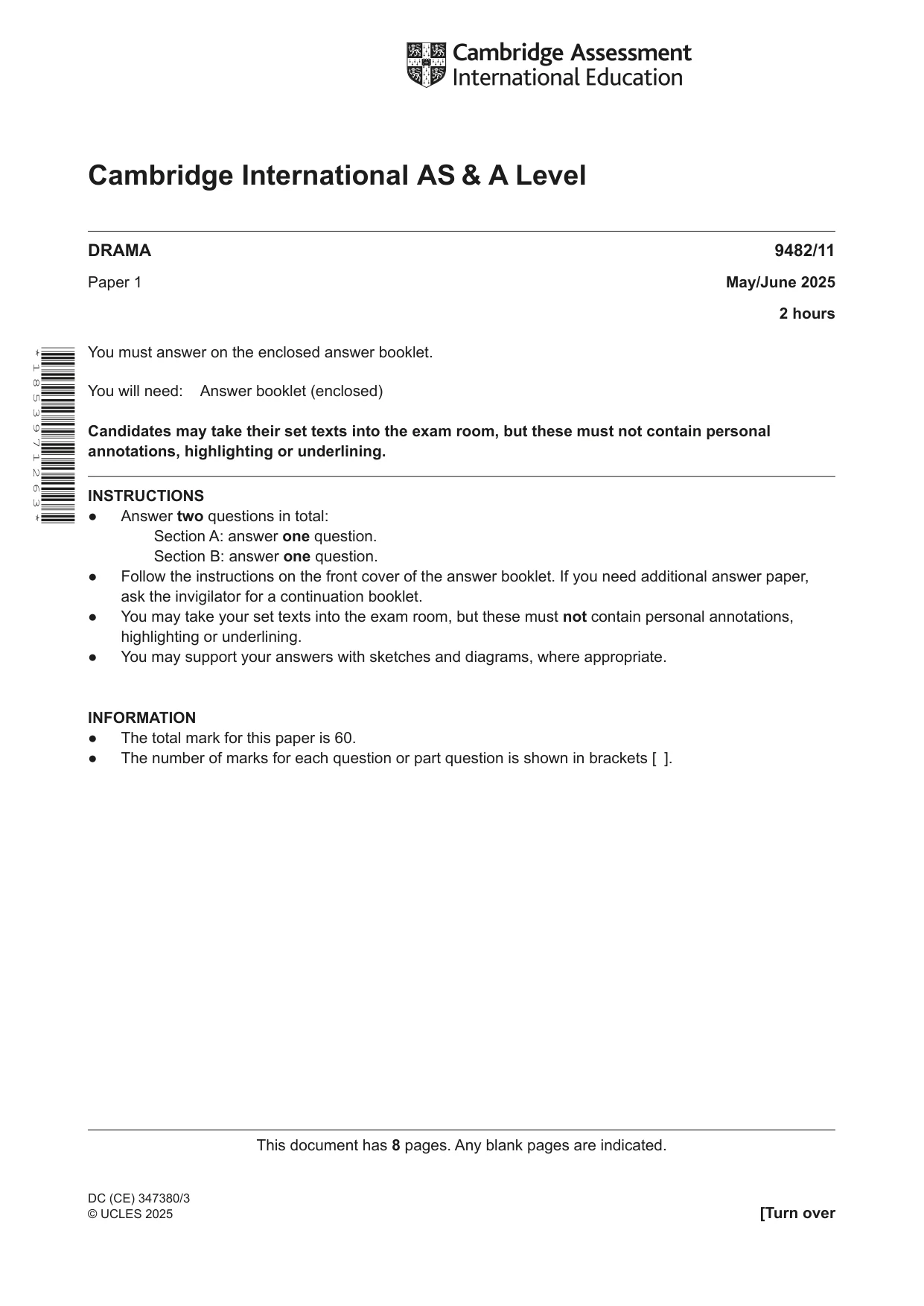 Cambridge A Level Drama 9482 2025 May/June Paper 1 · Variant 1 question paper, page 1 of 8