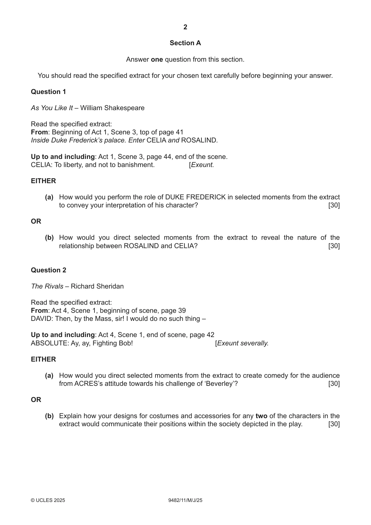 Cambridge A Level Drama 9482 2025 May/June Paper 1 · Variant 1 question paper, page 2 of 8