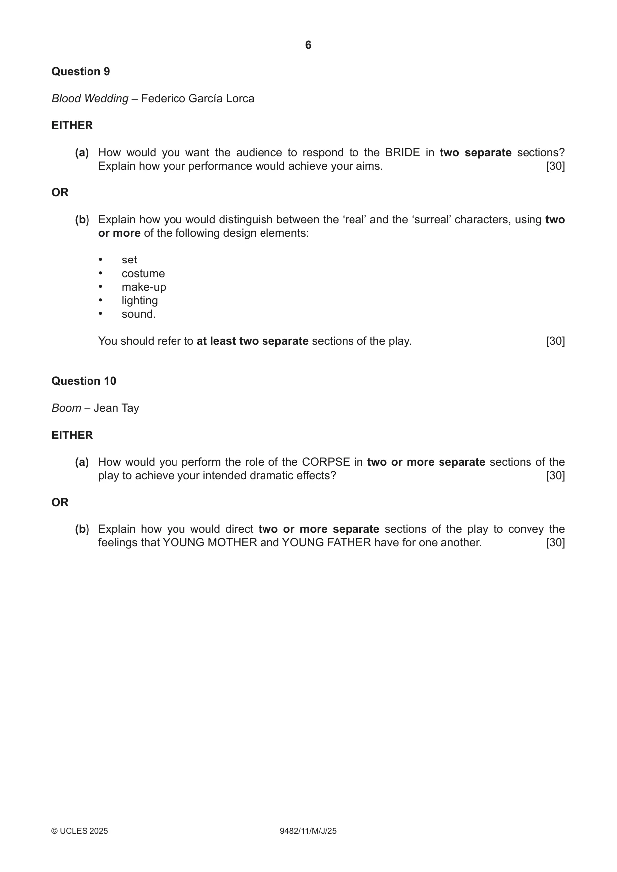 Cambridge A Level Drama 9482 2025 May/June Paper 1 · Variant 1 question paper, page 6 of 8