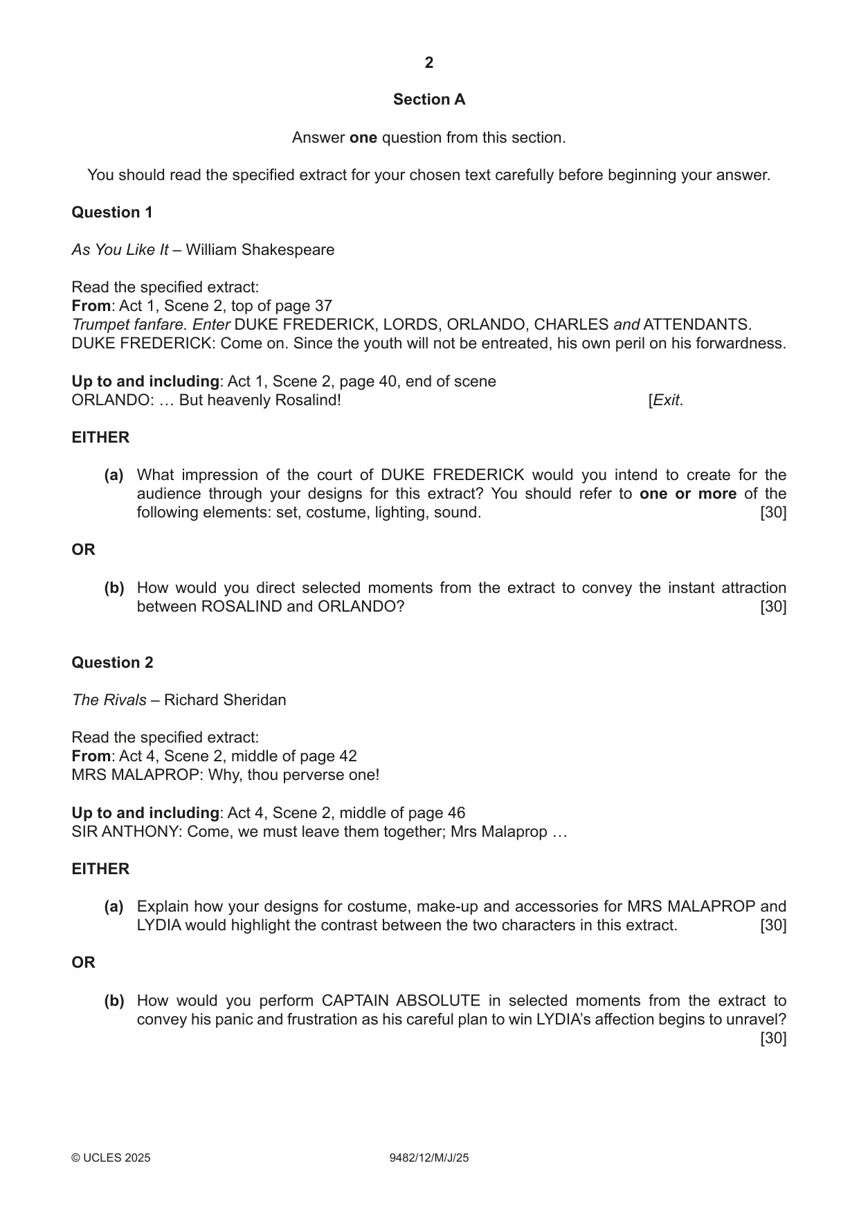 Cambridge A Level Drama 9482 2025 May/June Paper 1 · Variant 2 question paper, page 2 of 8