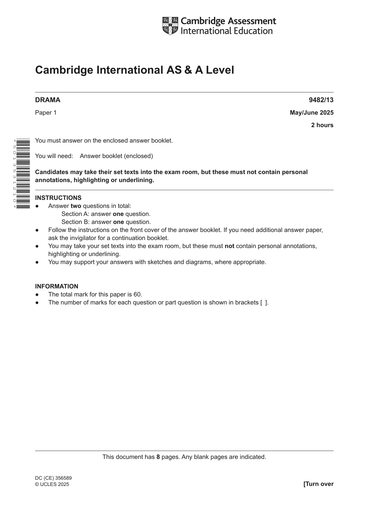 Cambridge A Level Drama 9482 2025 May/June Paper 1 · Variant 3 question paper, page 1 of 8