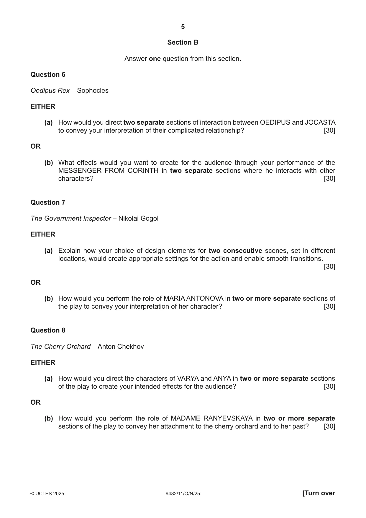 Cambridge A Level Drama 9482 2025 Oct/Nov Paper 1 · Variant 1 question paper, page 5 of 8