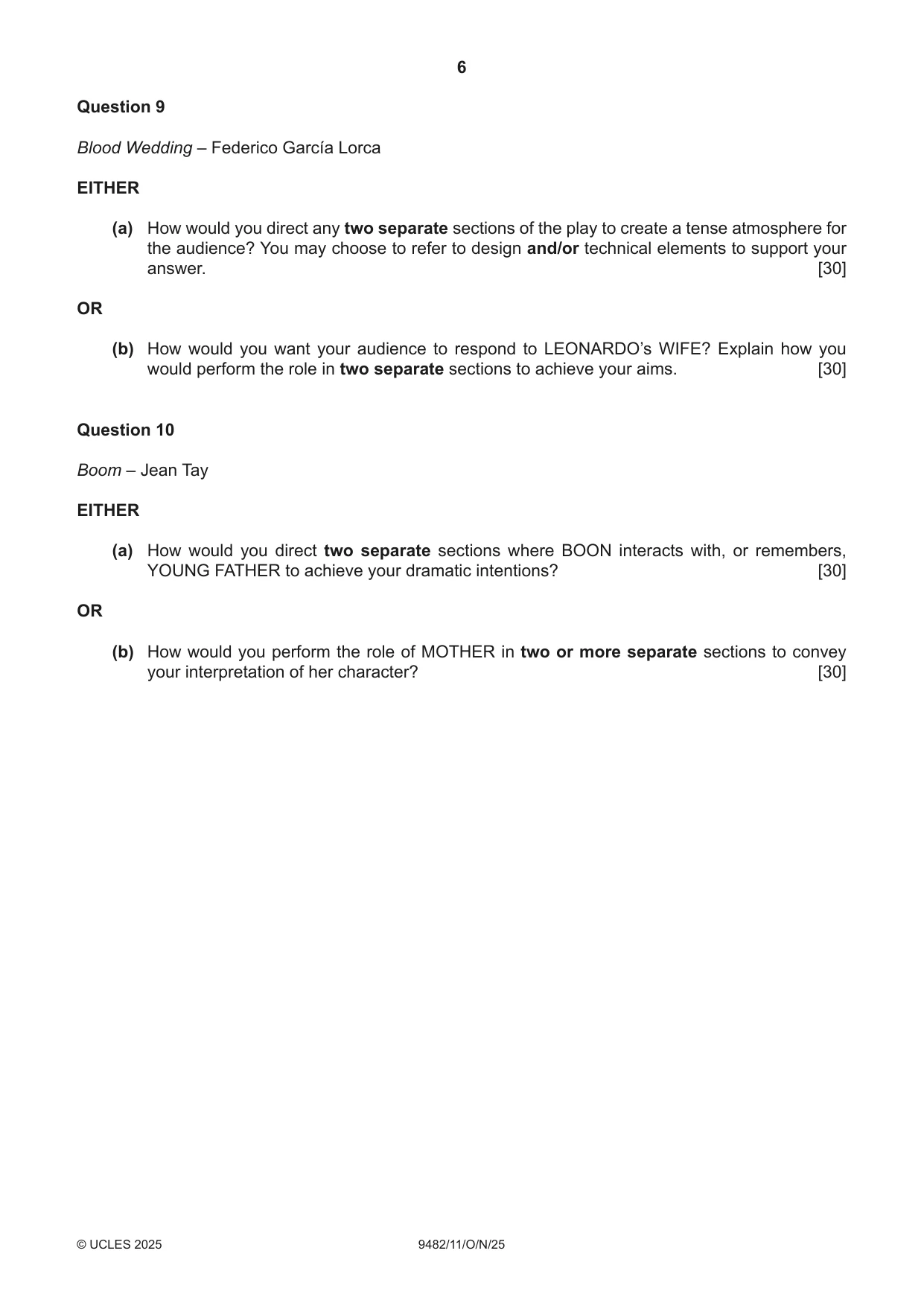Cambridge A Level Drama 9482 2025 Oct/Nov Paper 1 · Variant 1 question paper, page 6 of 8