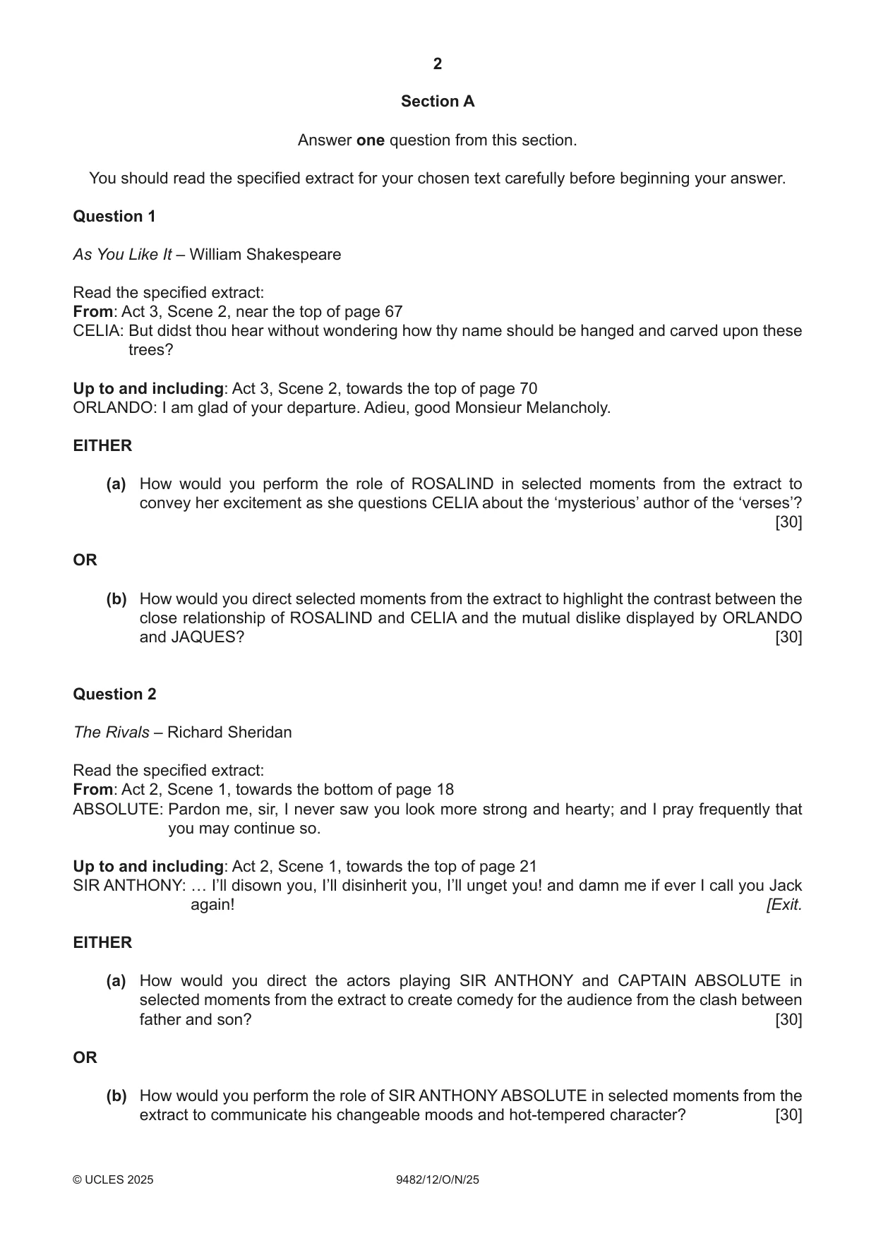 Cambridge A Level Drama 9482 2025 Oct/Nov Paper 1 · Variant 2 question paper, page 2 of 8