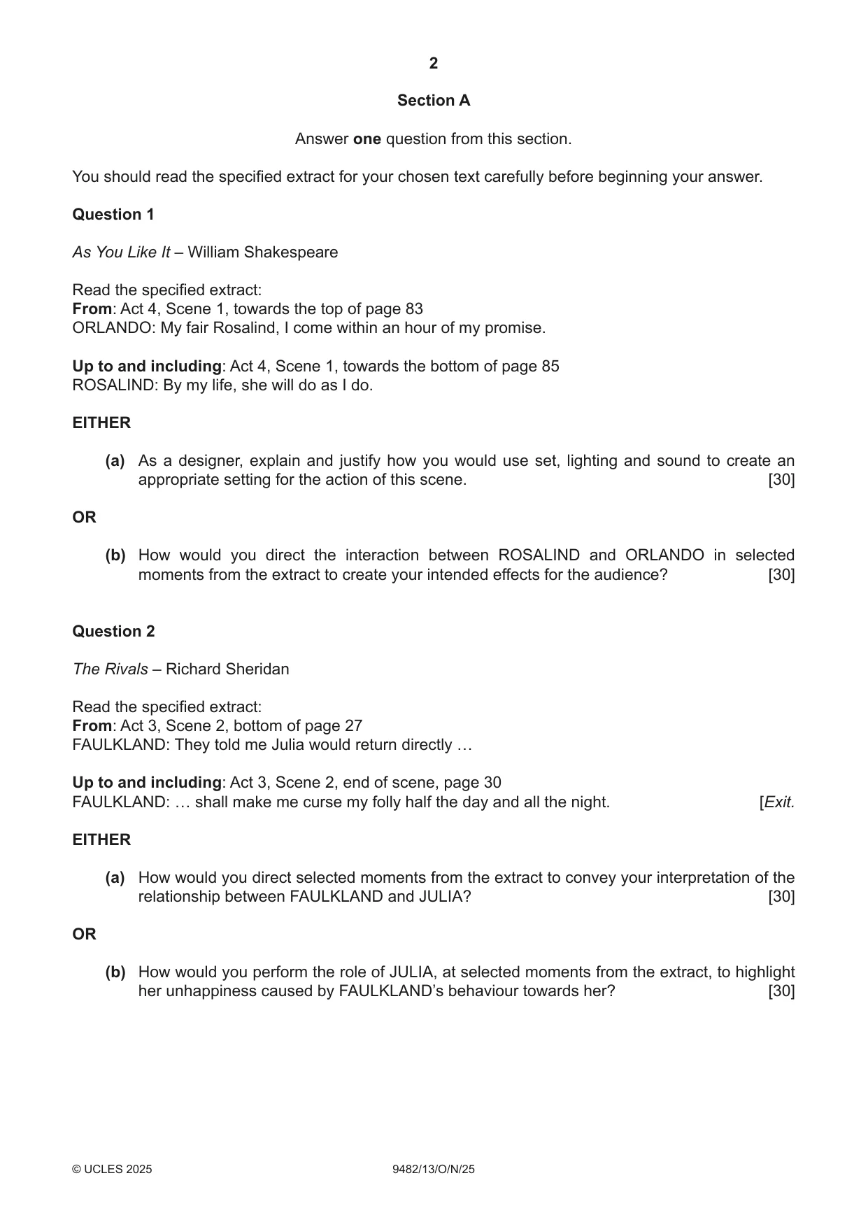 Cambridge A Level Drama 9482 2025 Oct/Nov Paper 1 · Variant 3 question paper, page 2 of 8