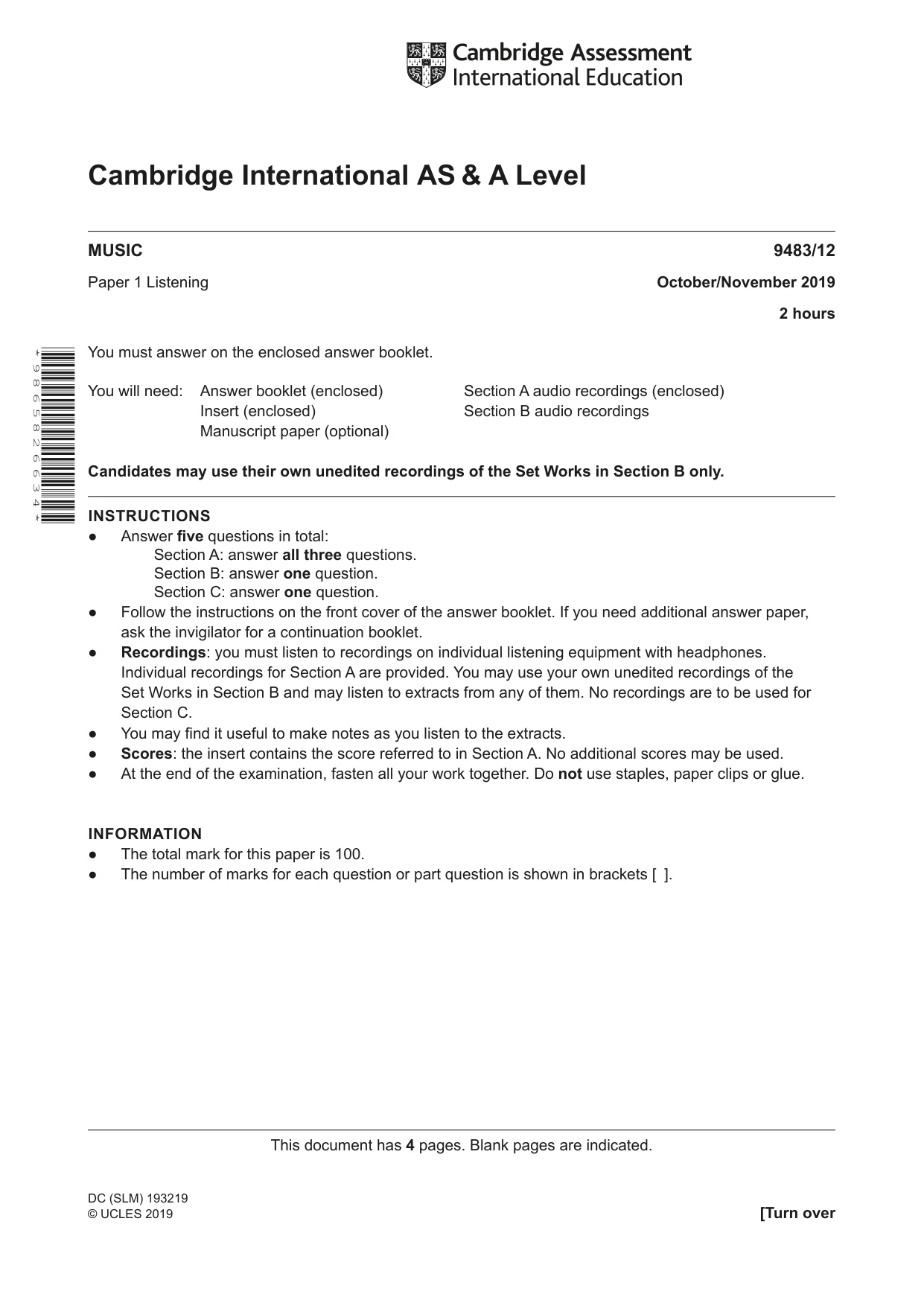 Cambridge A Level Music 9483 2019 Oct/Nov Paper 1 · Variant 2 question paper, page 1 of 4