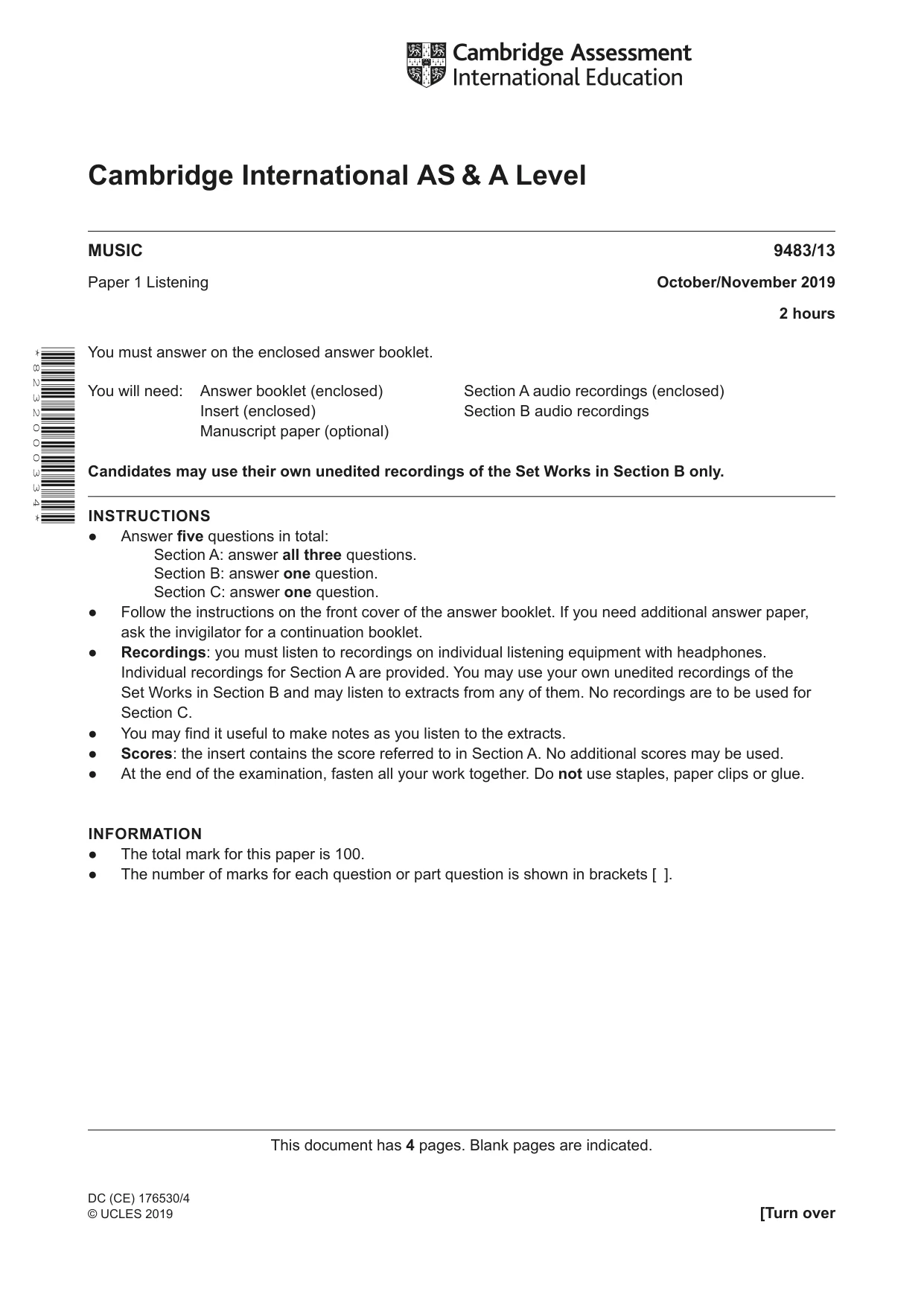 Cambridge A Level Music 9483 2019 Oct/Nov Paper 1 · Variant 3 question paper, page 1 of 4