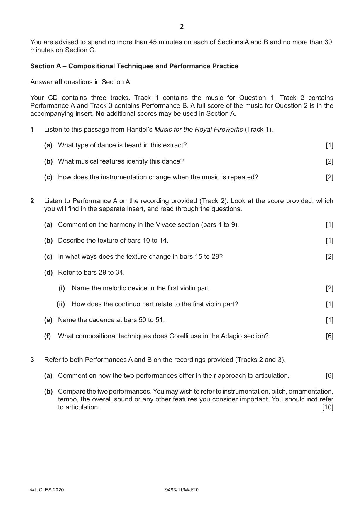 Cambridge A Level Music 9483 2020 May/June Paper 1 · Variant 1 question paper, page 2 of 4