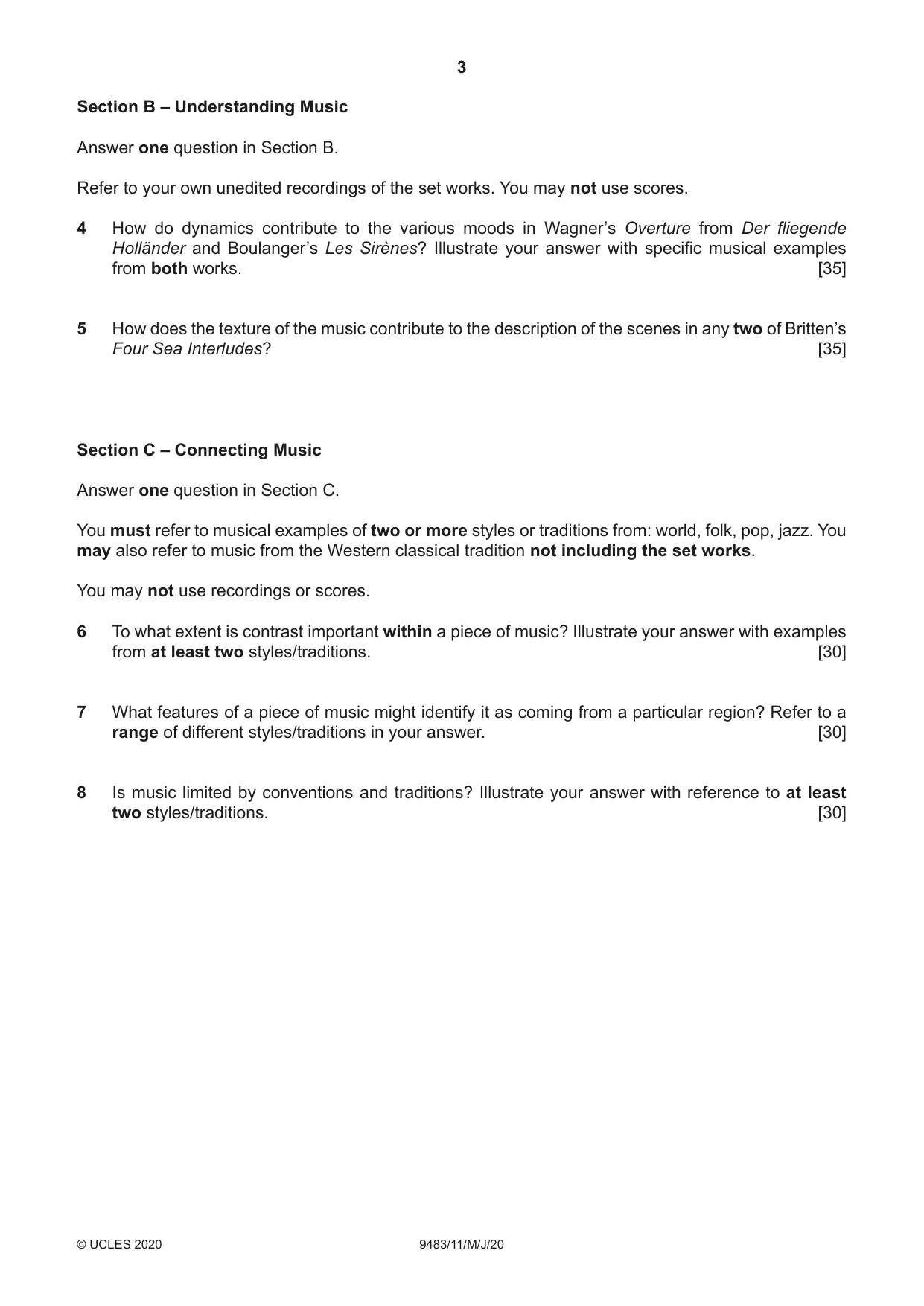 Cambridge A Level Music 9483 2020 May/June Paper 1 · Variant 1 question paper, page 3 of 4