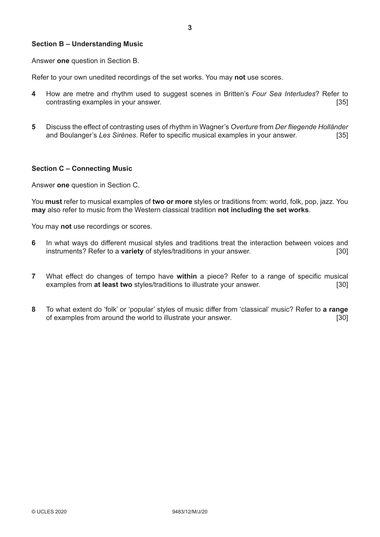 Cambridge A Level Music 9483 2020 May/June Paper 1 · Variant 2 question paper, page 3 of 4