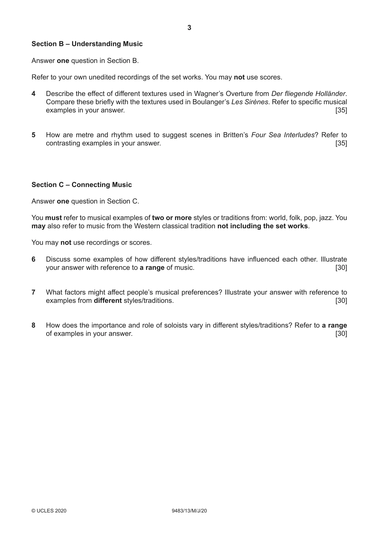 Cambridge A Level Music 9483 2020 May/June Paper 1 · Variant 3 question paper, page 3 of 4