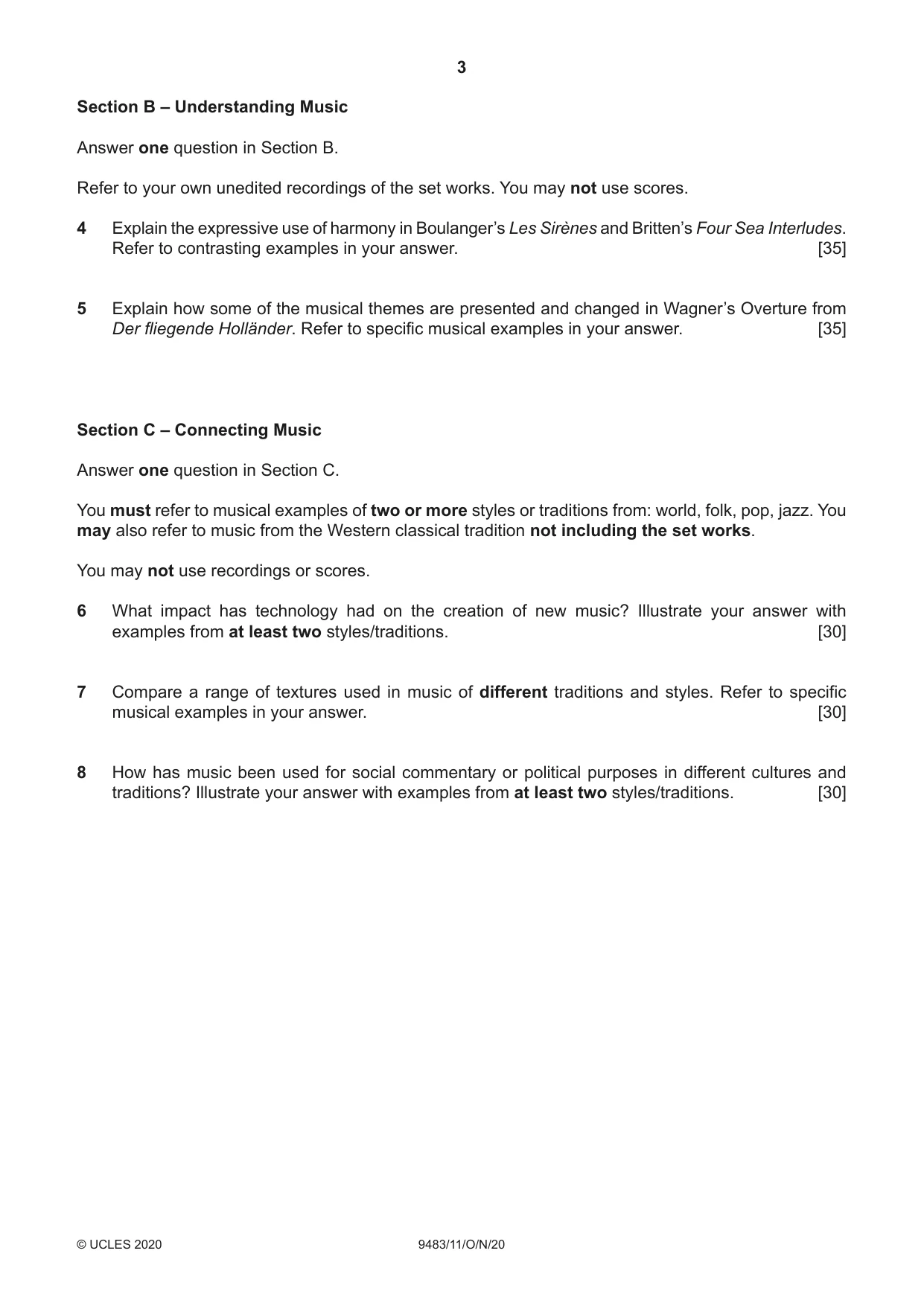 Cambridge A Level Music 9483 2020 Oct/Nov Paper 1 · Variant 1 question paper, page 3 of 4