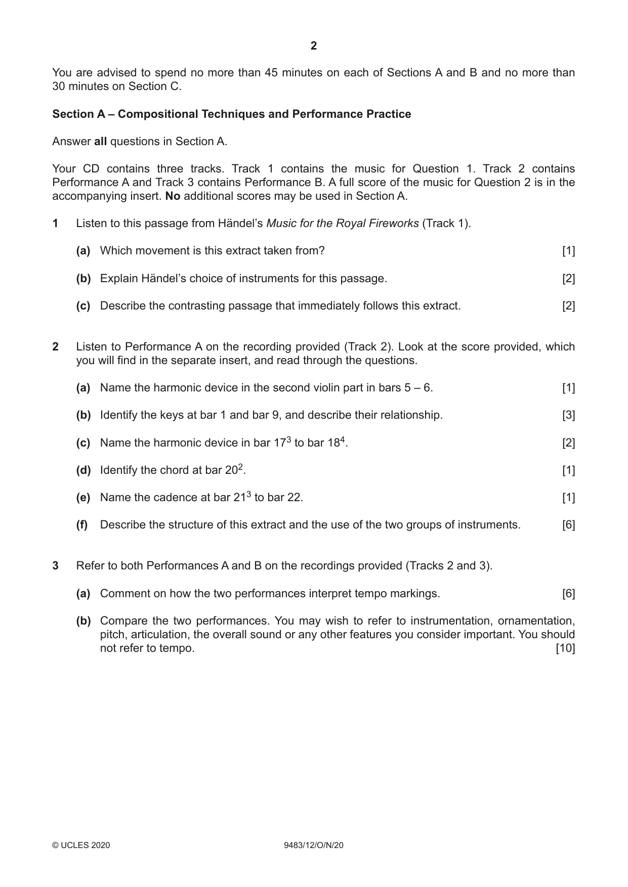 Cambridge A Level Music 9483 2020 Oct/Nov Paper 1 · Variant 2 question paper, page 2 of 4