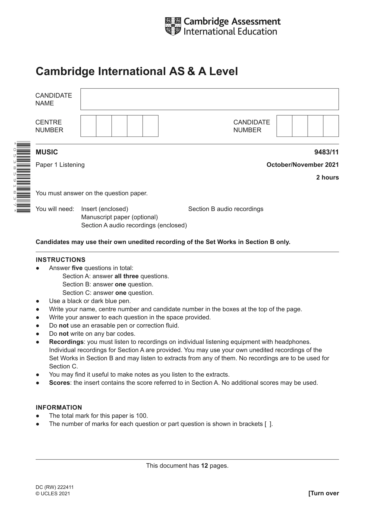 Cambridge A Level Music 9483 2021 Oct/Nov Paper 1 · Variant 1 question paper, page 1 of 12