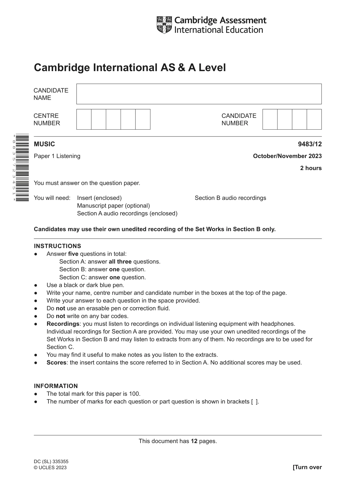 Cambridge A Level Music 9483 2023 Oct/Nov Paper 1 · Variant 2 question paper, page 1 of 12