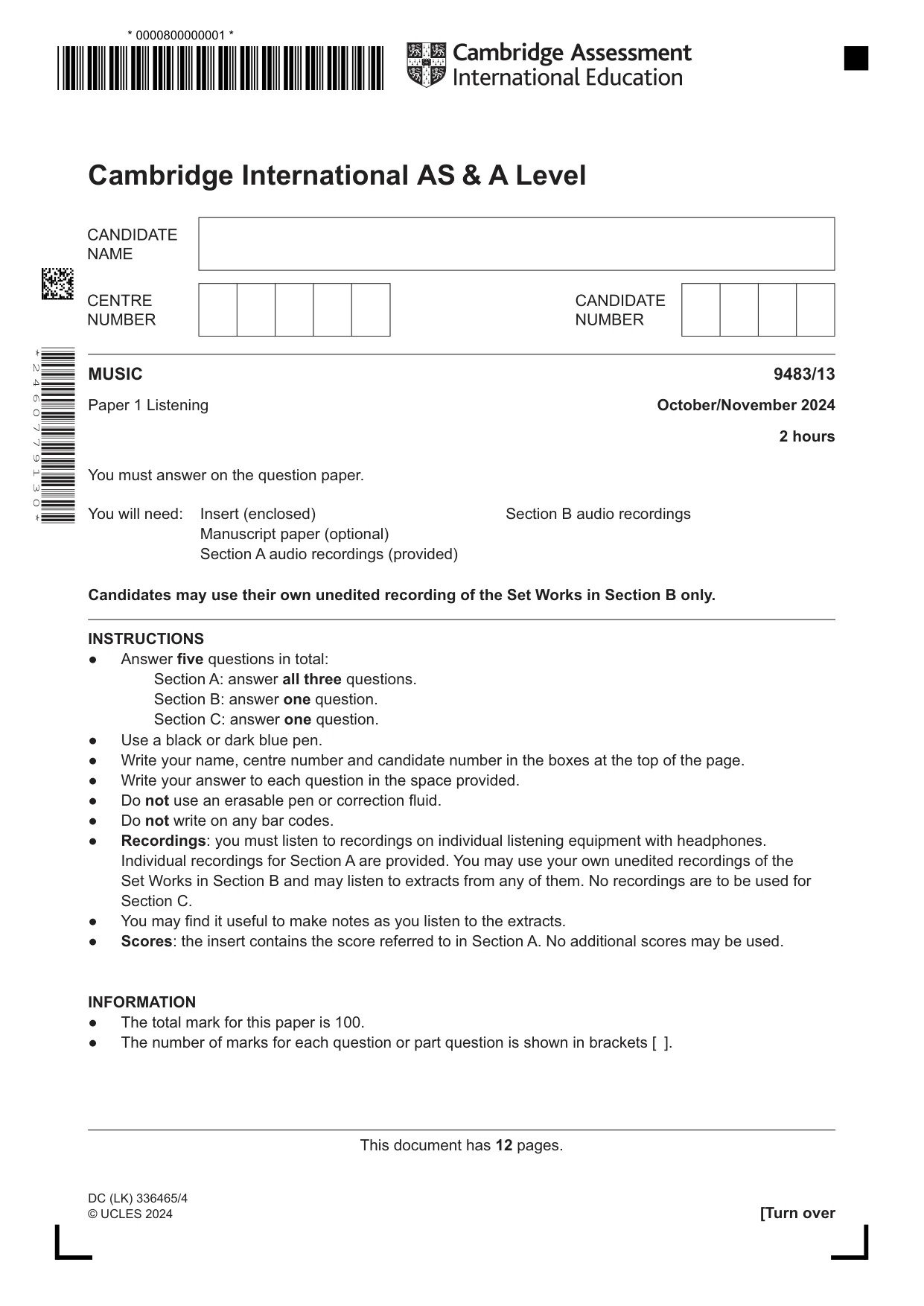 Cambridge A Level Music 9483 2024 Oct/Nov Paper 1 · Variant 3 question paper, page 1 of 12