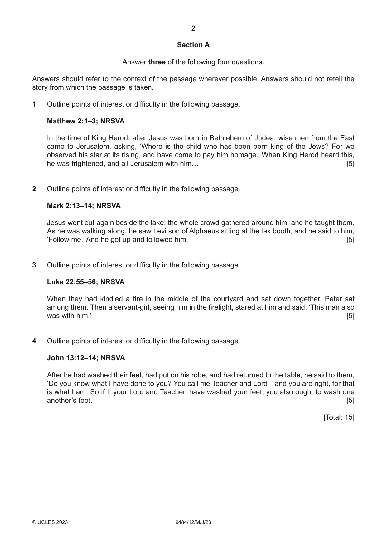 Cambridge A Level Biblical Studies 9484 2023 May/June Paper 1 · Variant 2 question paper, page 2 of 4