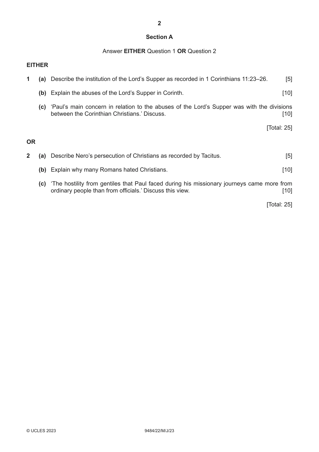 Cambridge A Level Biblical Studies 9484 2023 May/June Paper 2 · Variant 2 question paper, page 2 of 4