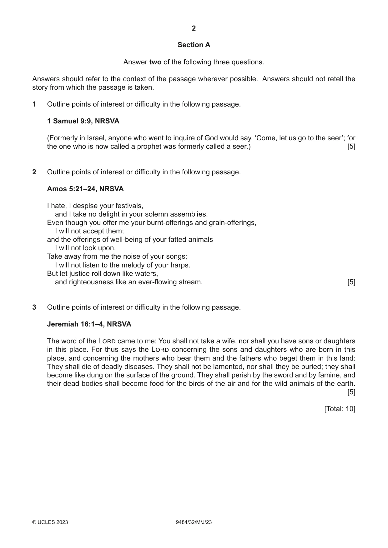 Cambridge A Level Biblical Studies 9484 2023 May/June Paper 3 · Variant 2 question paper, page 2 of 4