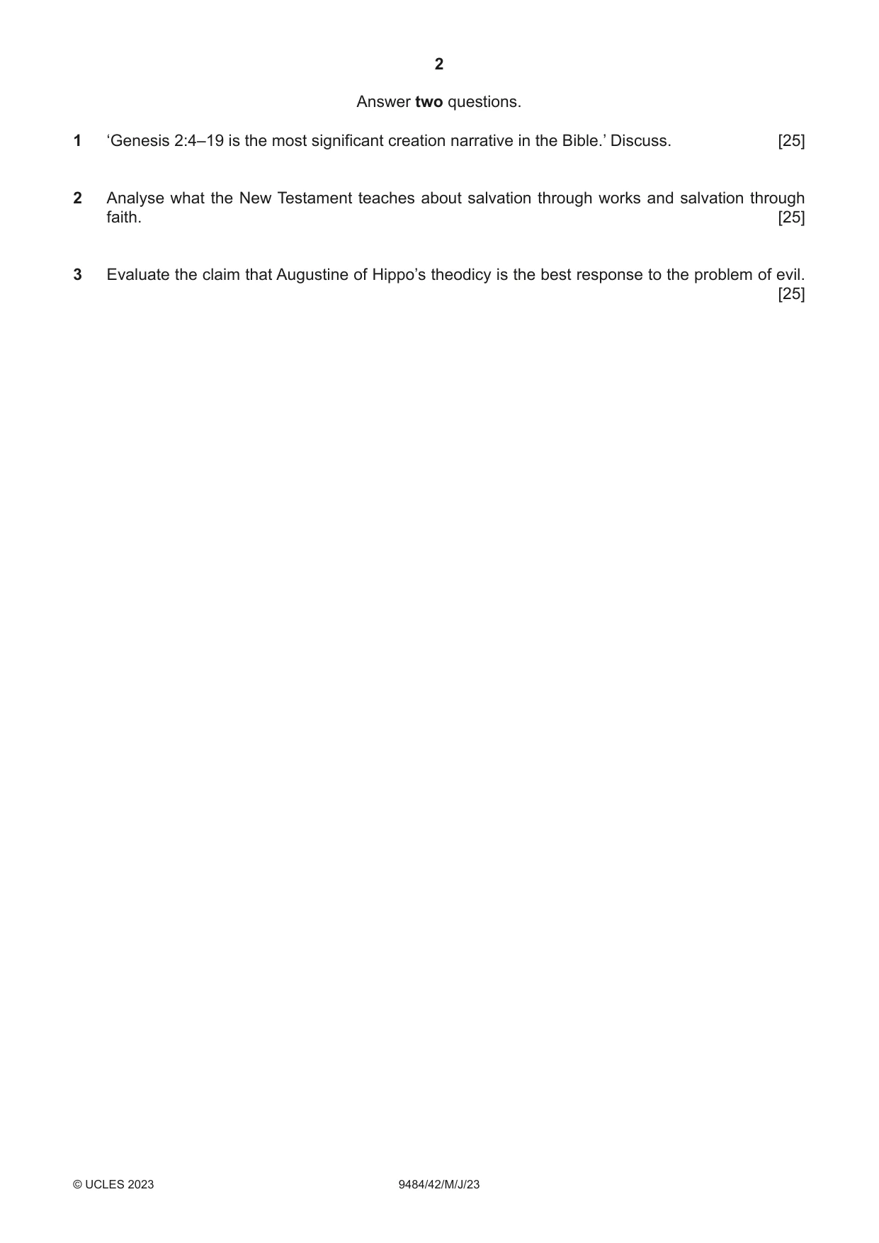 Cambridge A Level Biblical Studies 9484 2023 May/June Paper 4 · Variant 2 question paper, page 2 of 4