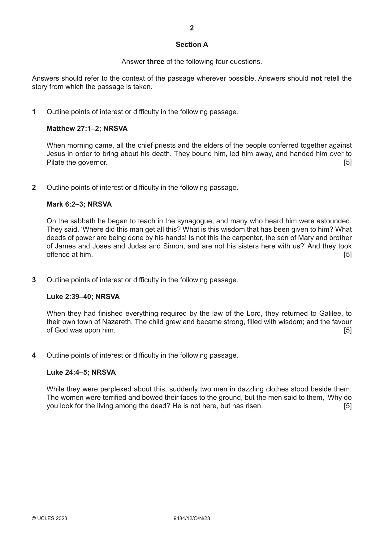 Cambridge A Level Biblical Studies 9484 2023 Oct/Nov Paper 1 · Variant 2 question paper, page 2 of 4