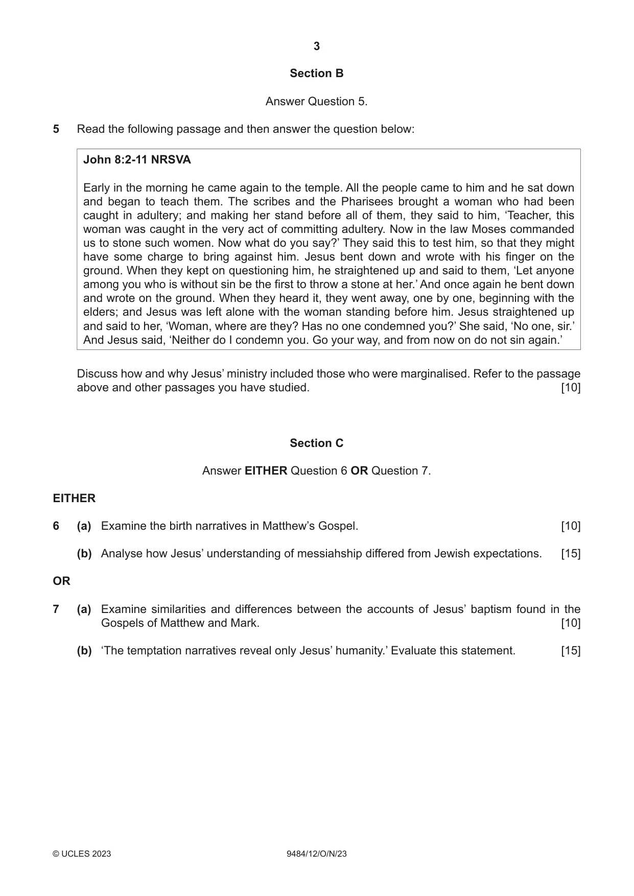 Cambridge A Level Biblical Studies 9484 2023 Oct/Nov Paper 1 · Variant 2 question paper, page 3 of 4