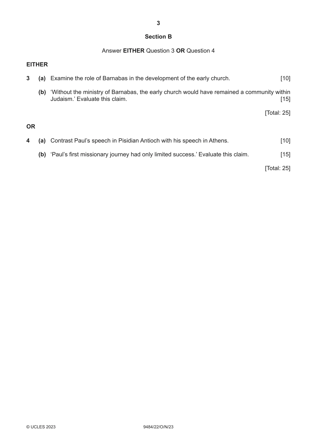 Cambridge A Level Biblical Studies 9484 2023 Oct/Nov Paper 2 · Variant 2 question paper, page 3 of 4