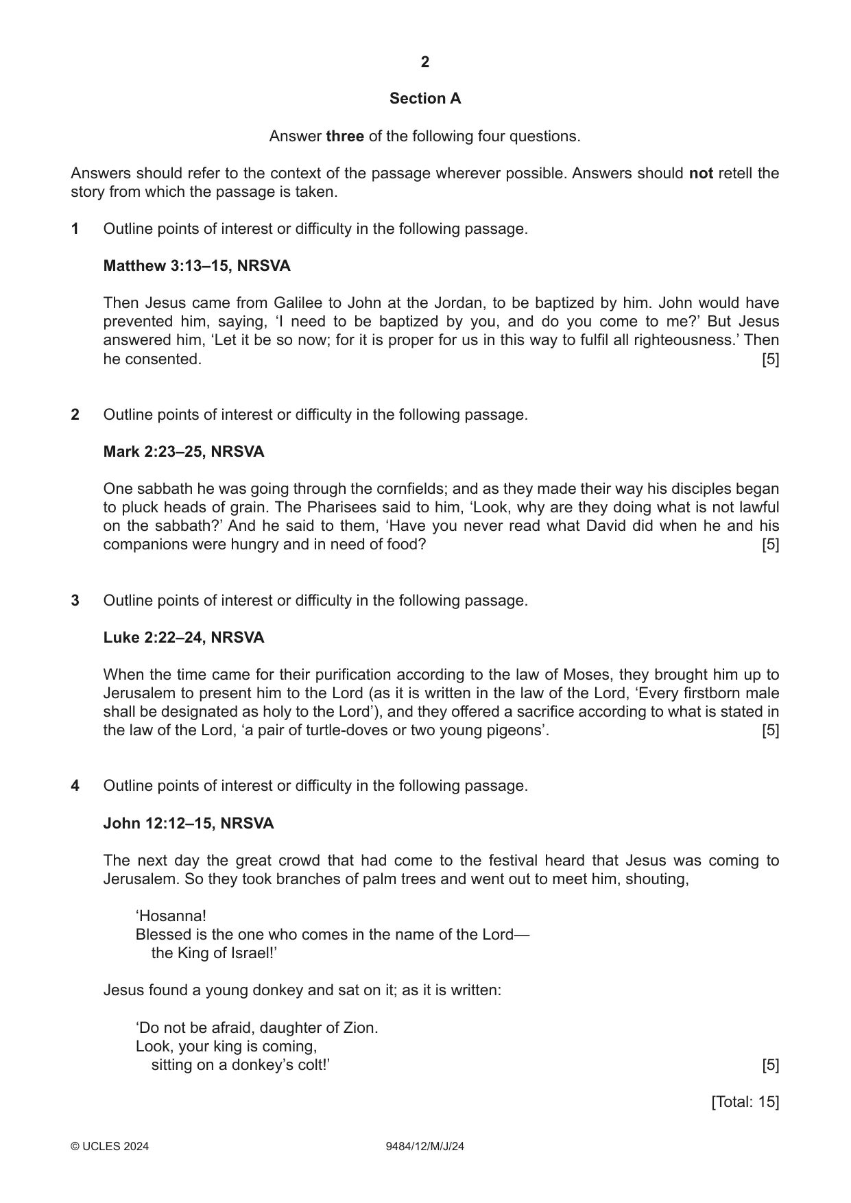 Cambridge A Level Biblical Studies 9484 2024 May/June Paper 1 · Variant 2 question paper, page 2 of 4