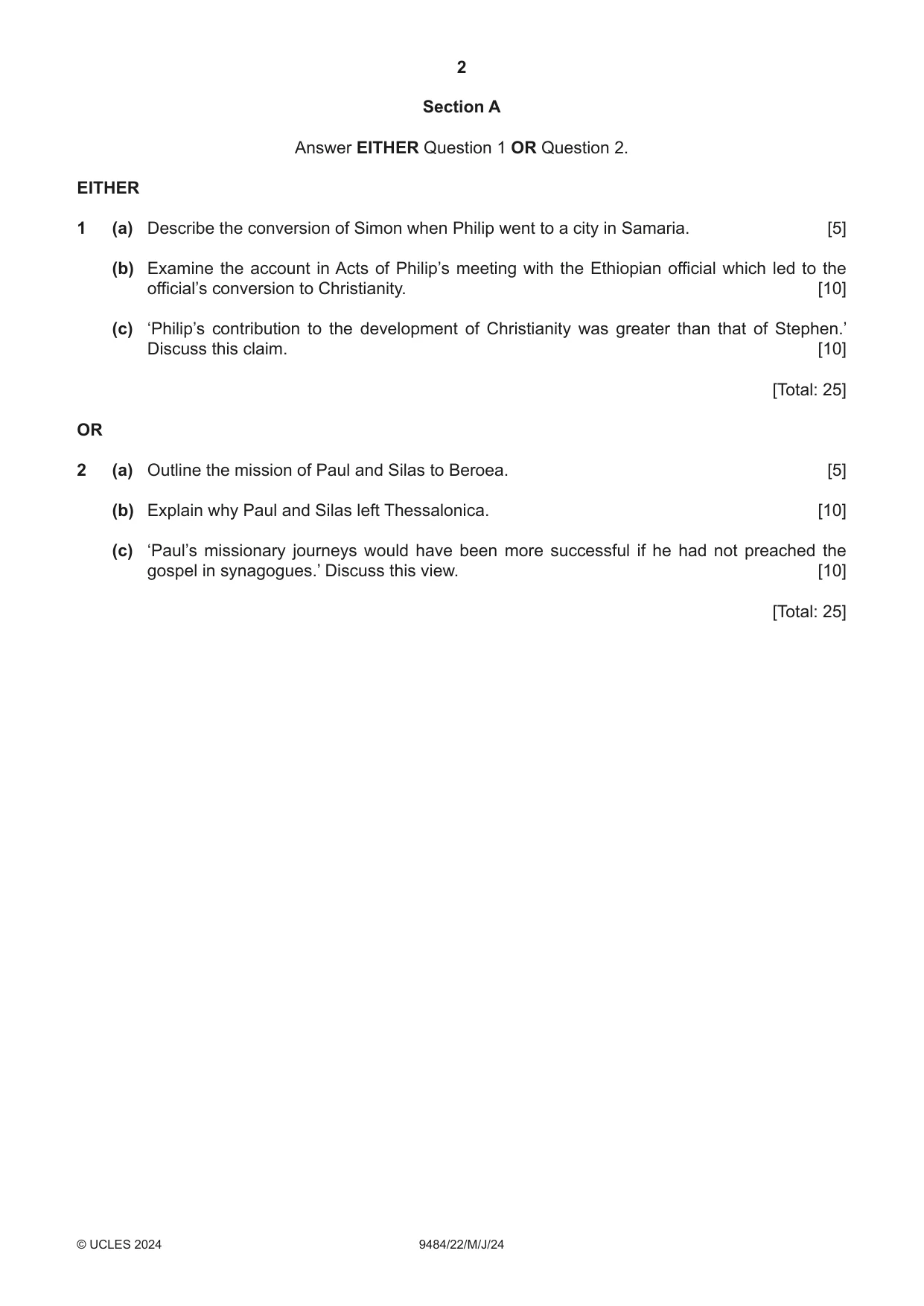 Cambridge A Level Biblical Studies 9484 2024 May/June Paper 2 · Variant 2 question paper, page 2 of 4
