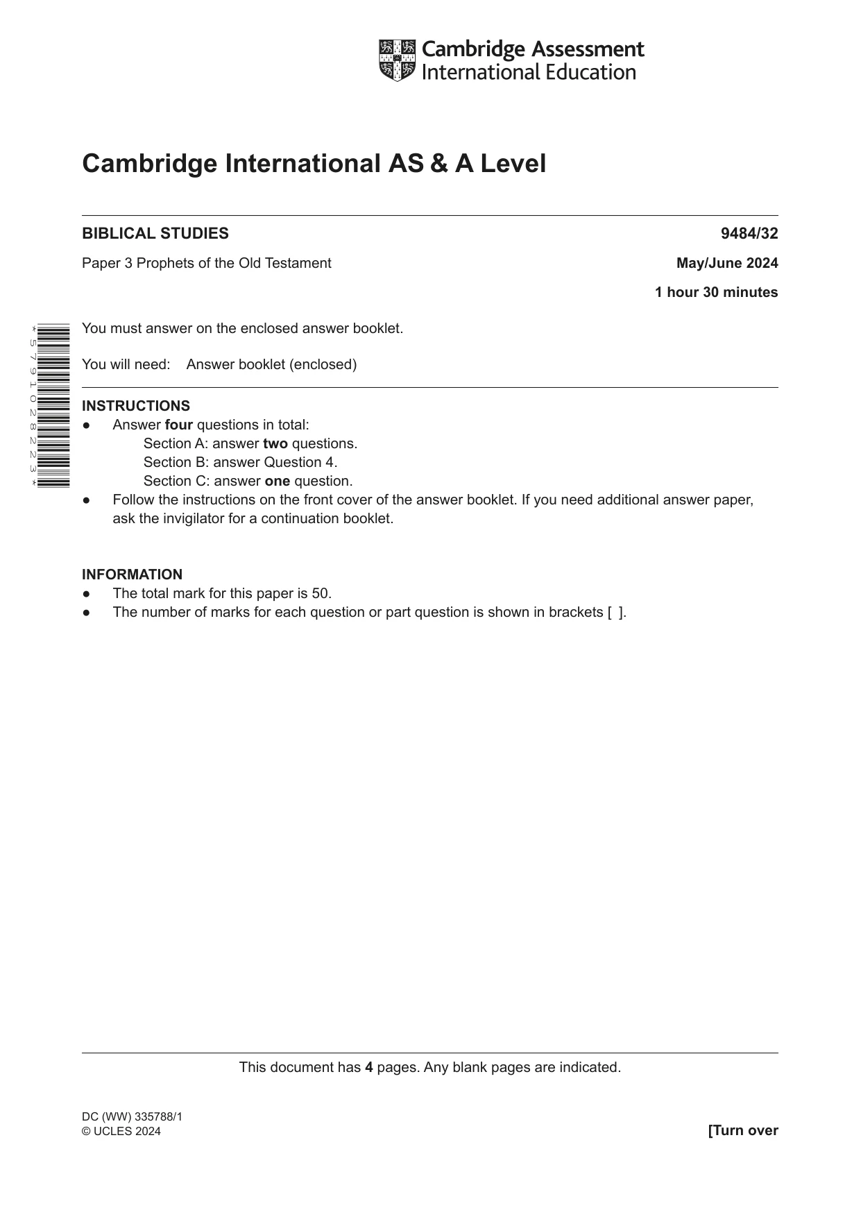 Cambridge A Level Biblical Studies 9484 2024 May/June Paper 3 · Variant 2 question paper, page 1 of 4