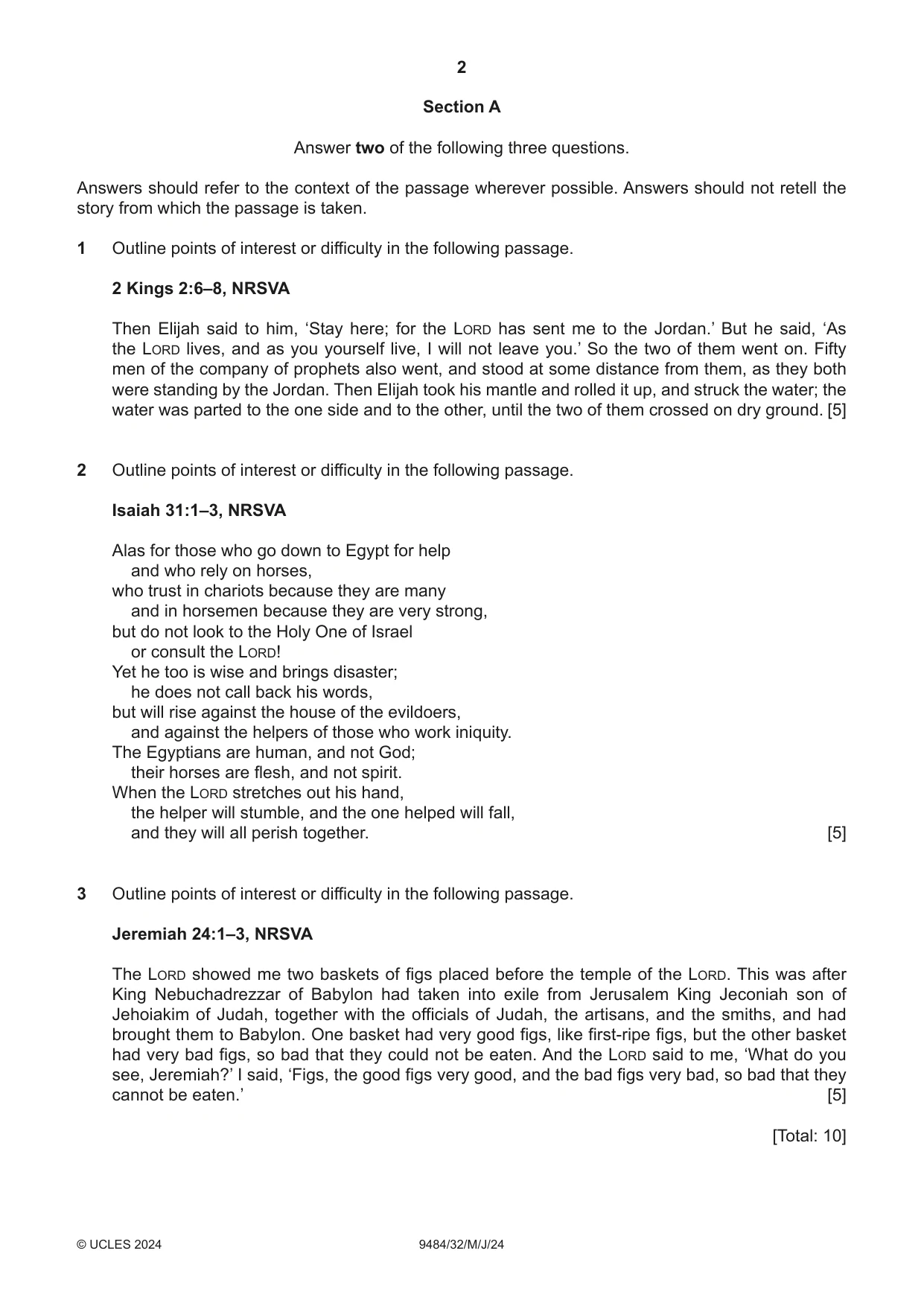 Cambridge A Level Biblical Studies 9484 2024 May/June Paper 3 · Variant 2 question paper, page 2 of 4