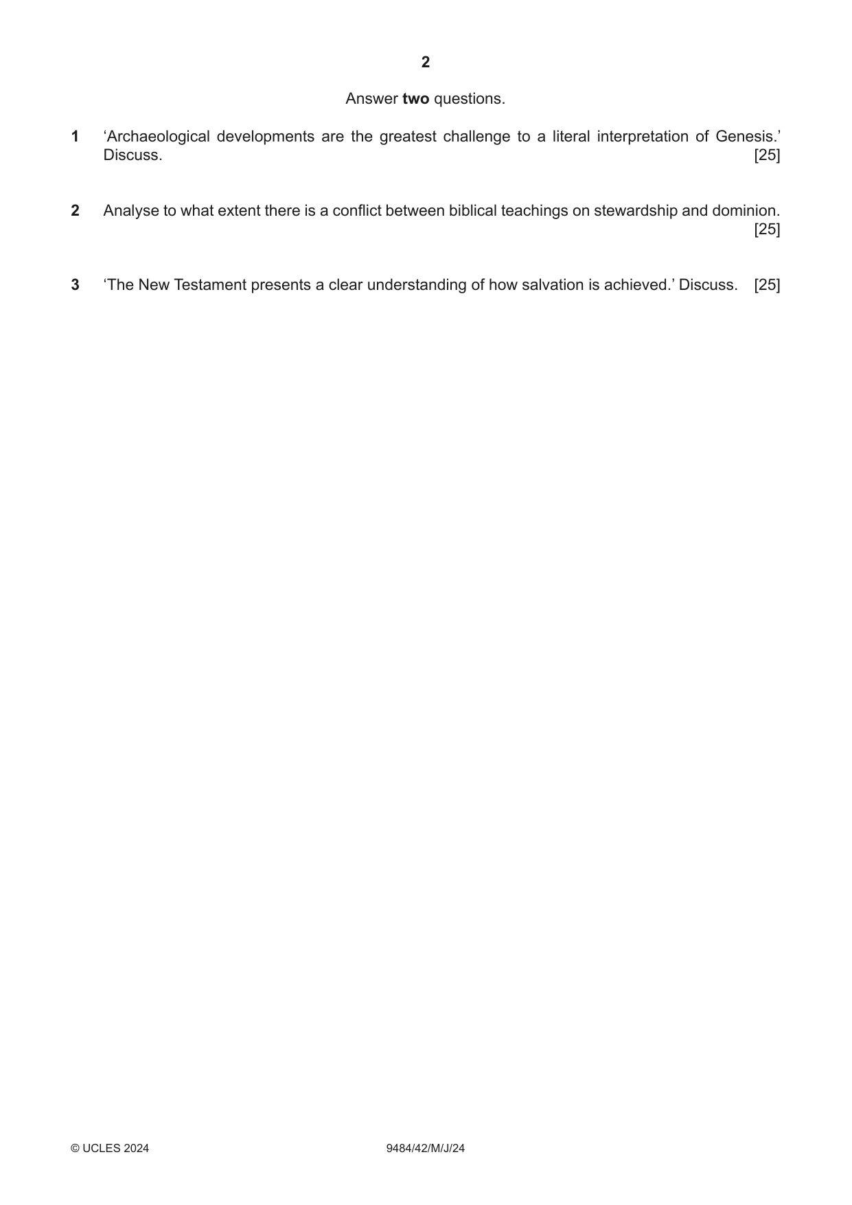 Cambridge A Level Biblical Studies 9484 2024 May/June Paper 4 · Variant 2 question paper, page 2 of 4